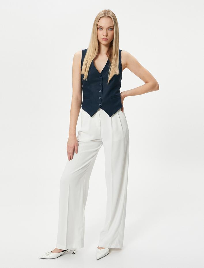  V Yaka Yelek Düğmeli Fleto Cepli