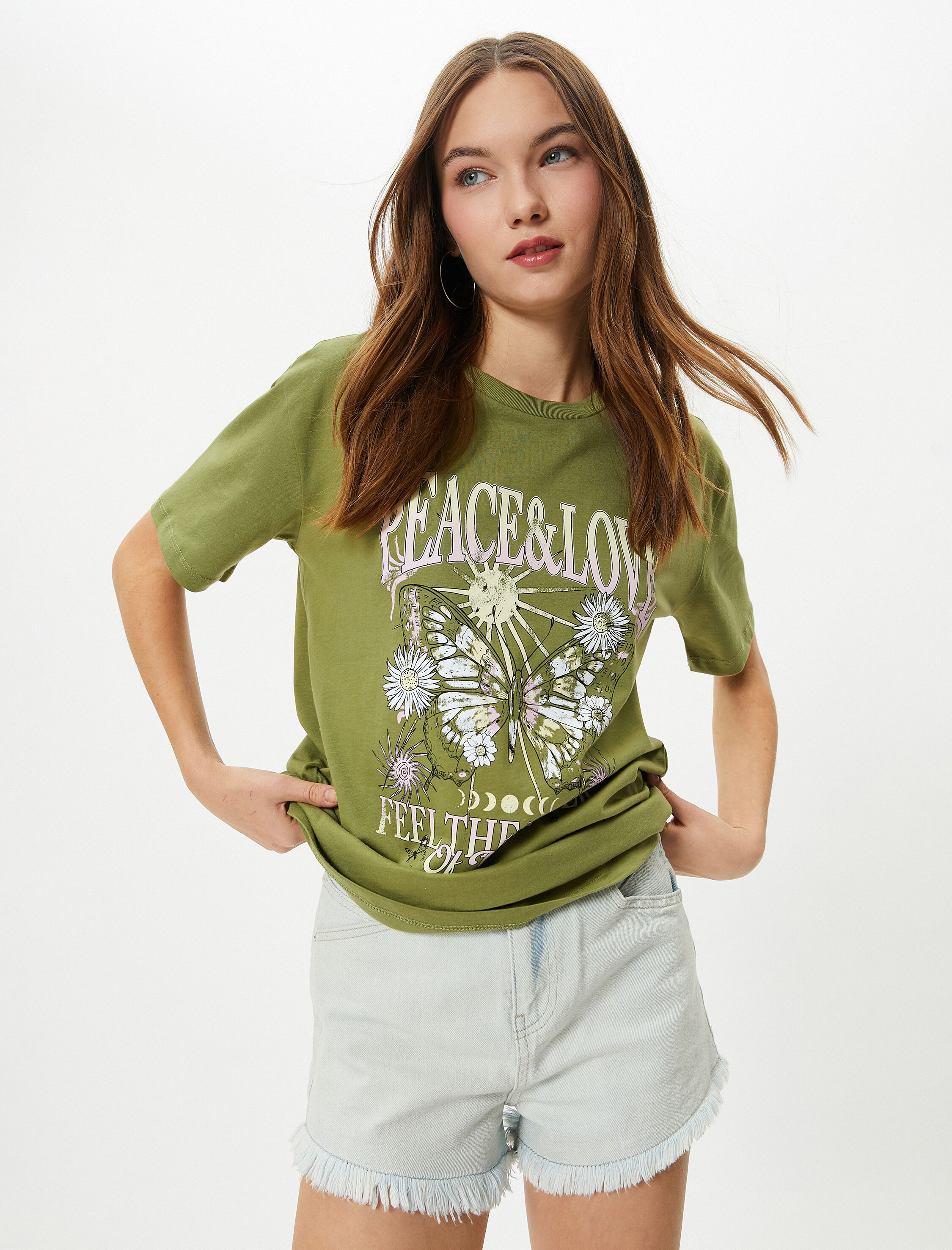   Bisiklet Yaka Tişört Pamuklu Kısa Kollu Baskılı