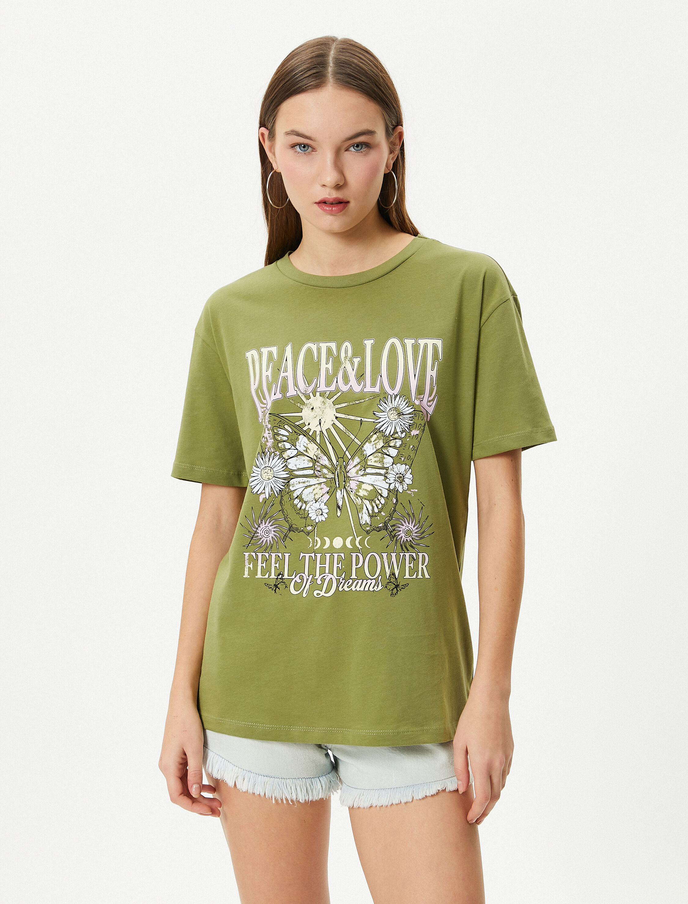   Bisiklet Yaka Tişört Pamuklu Kısa Kollu Baskılı