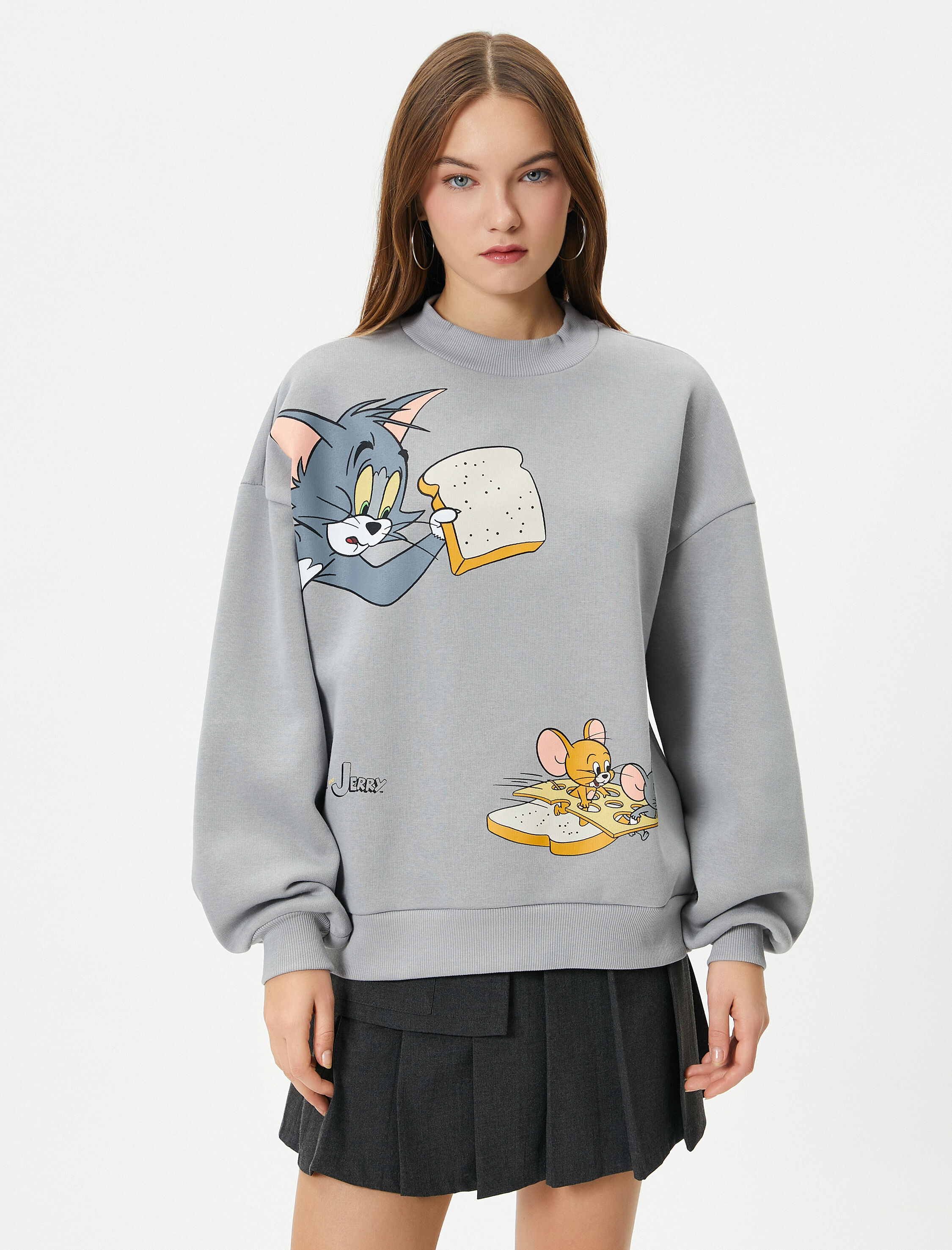   Şardonlu Tom ve Jerry Sweatshirt Lisanslı Rahat Kalıp Bisiklet Yaka Uzun Kollu