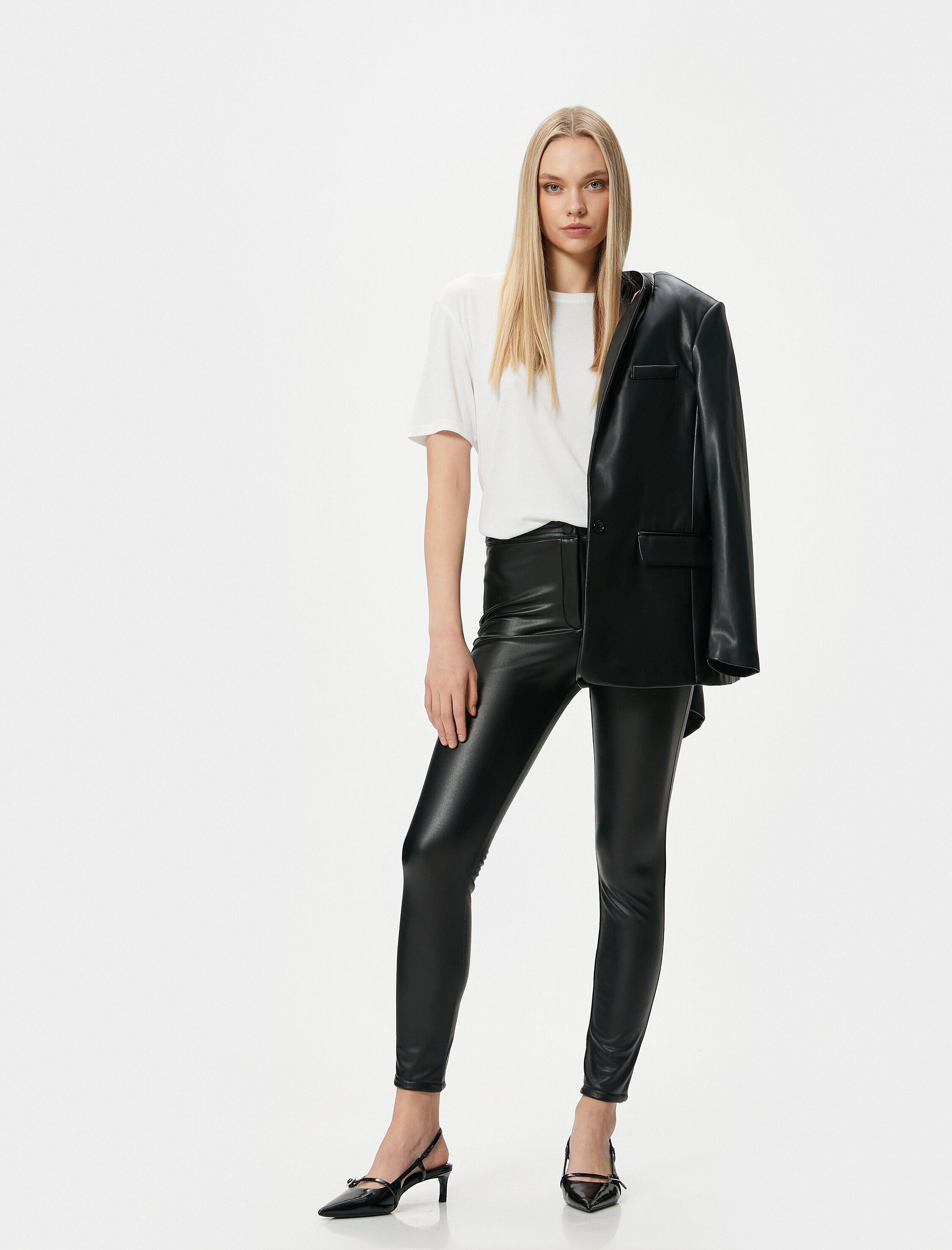   Deri Görünümlü Pantolon Dar Paça Dar Kesim Yüksek Bel