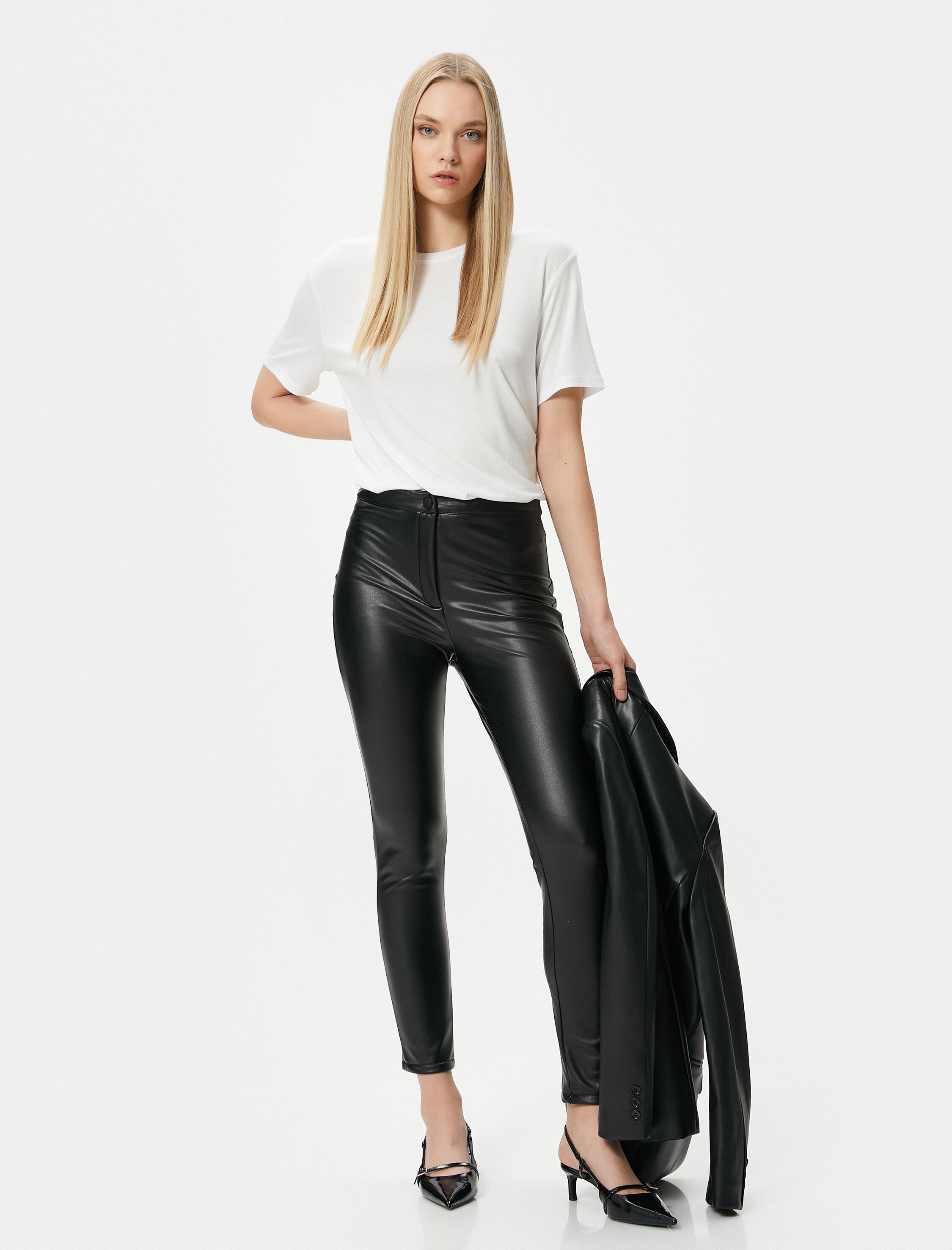   Deri Görünümlü Pantolon Dar Paça Dar Kesim Yüksek Bel