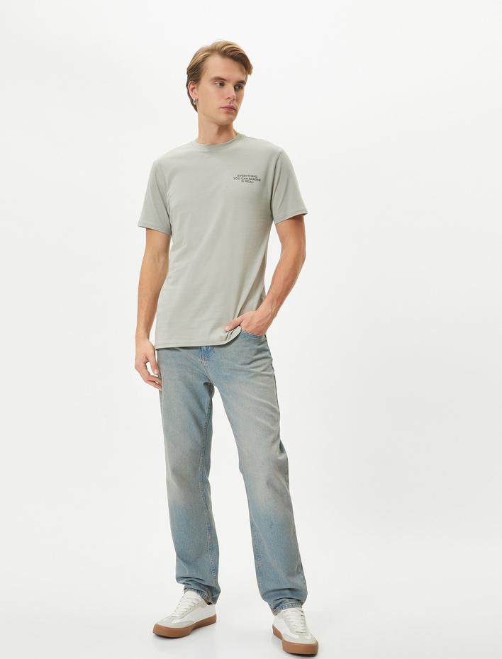  Slogan Baskılı Tişört Slim Fit Bisiklet Yaka Kısa Kollu Pamuklu