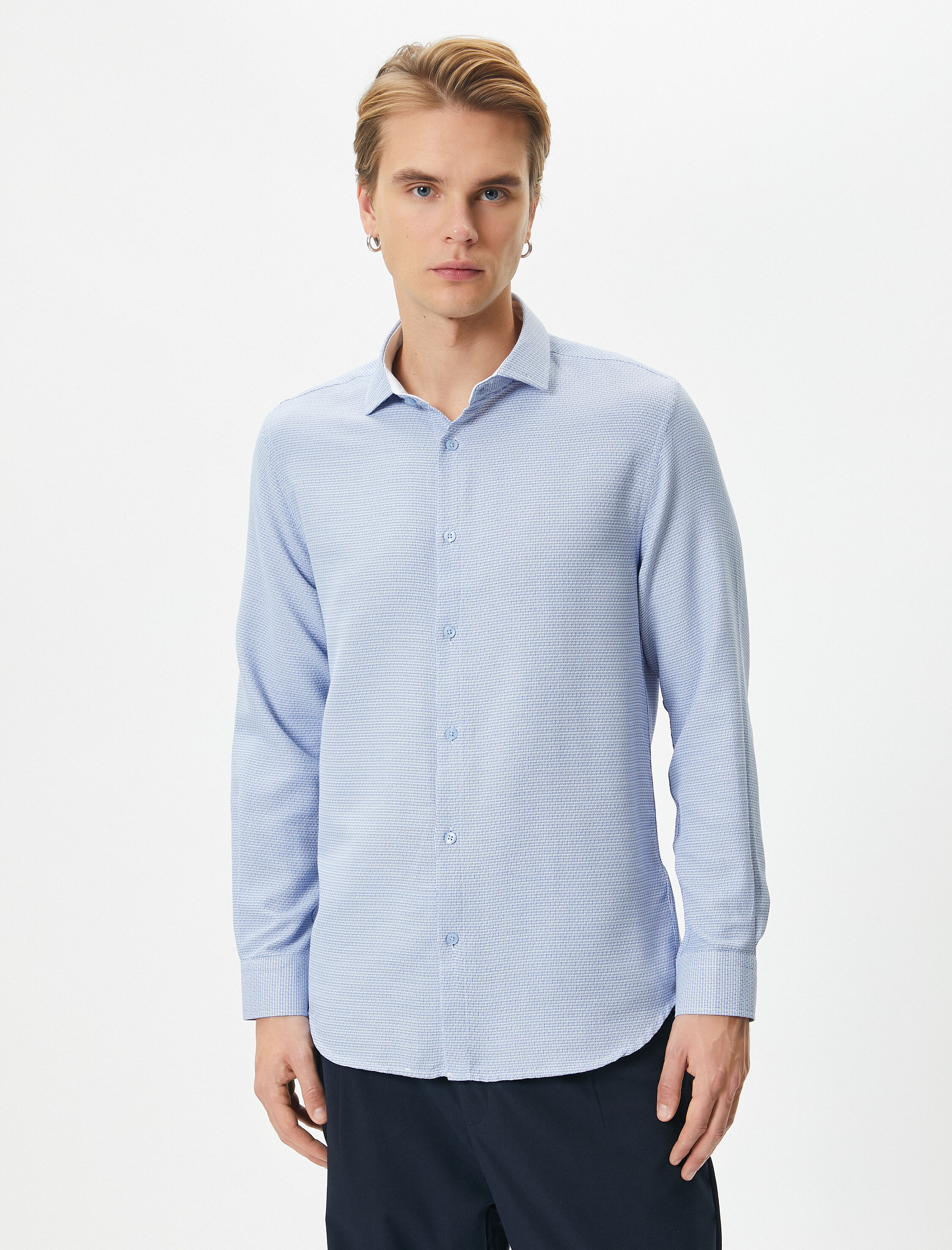   Slim Fit Gömlek Basic Düğmeli Klasik Yaka Uzun Kollu