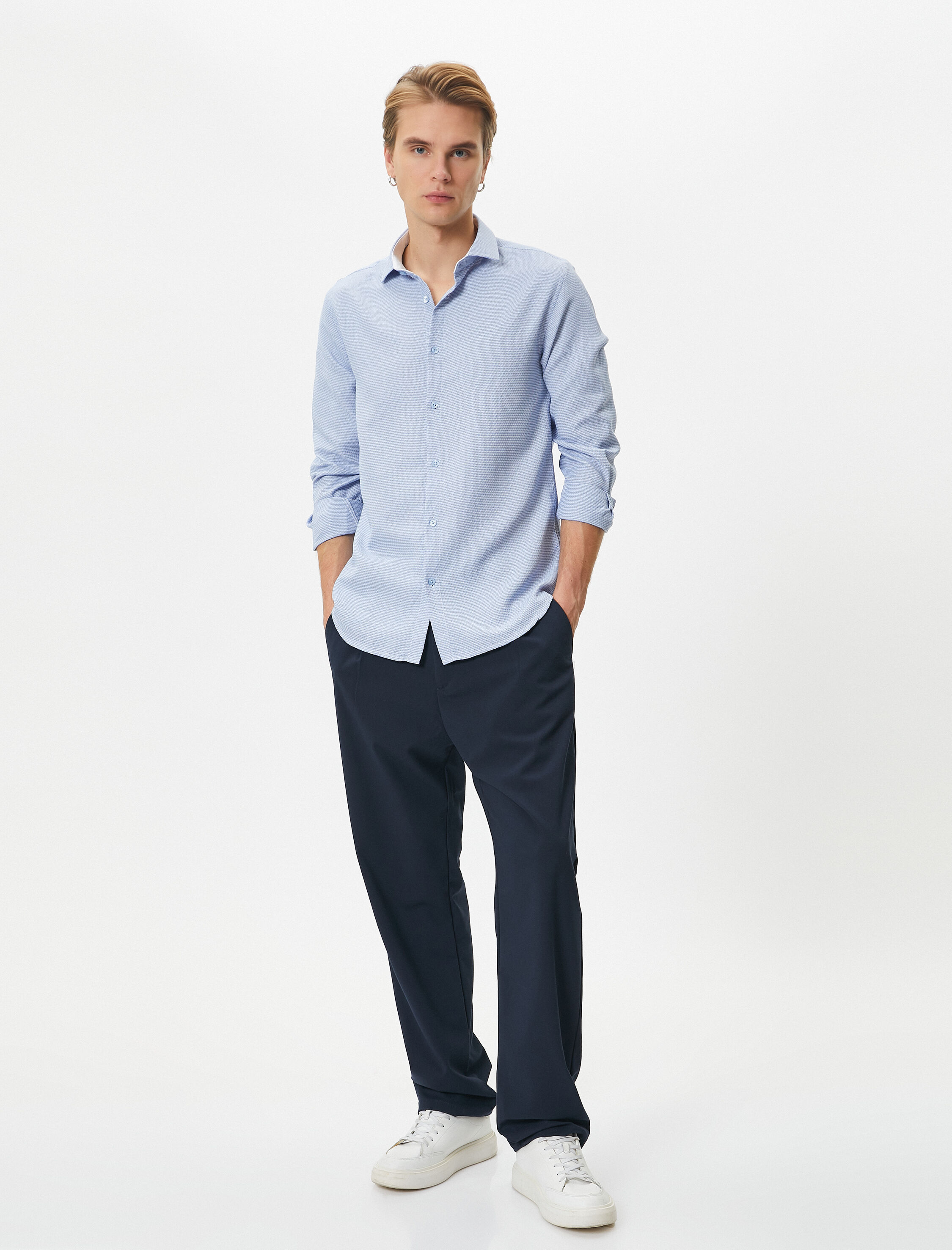   Slim Fit Gömlek Basic Düğmeli Klasik Yaka Uzun Kollu