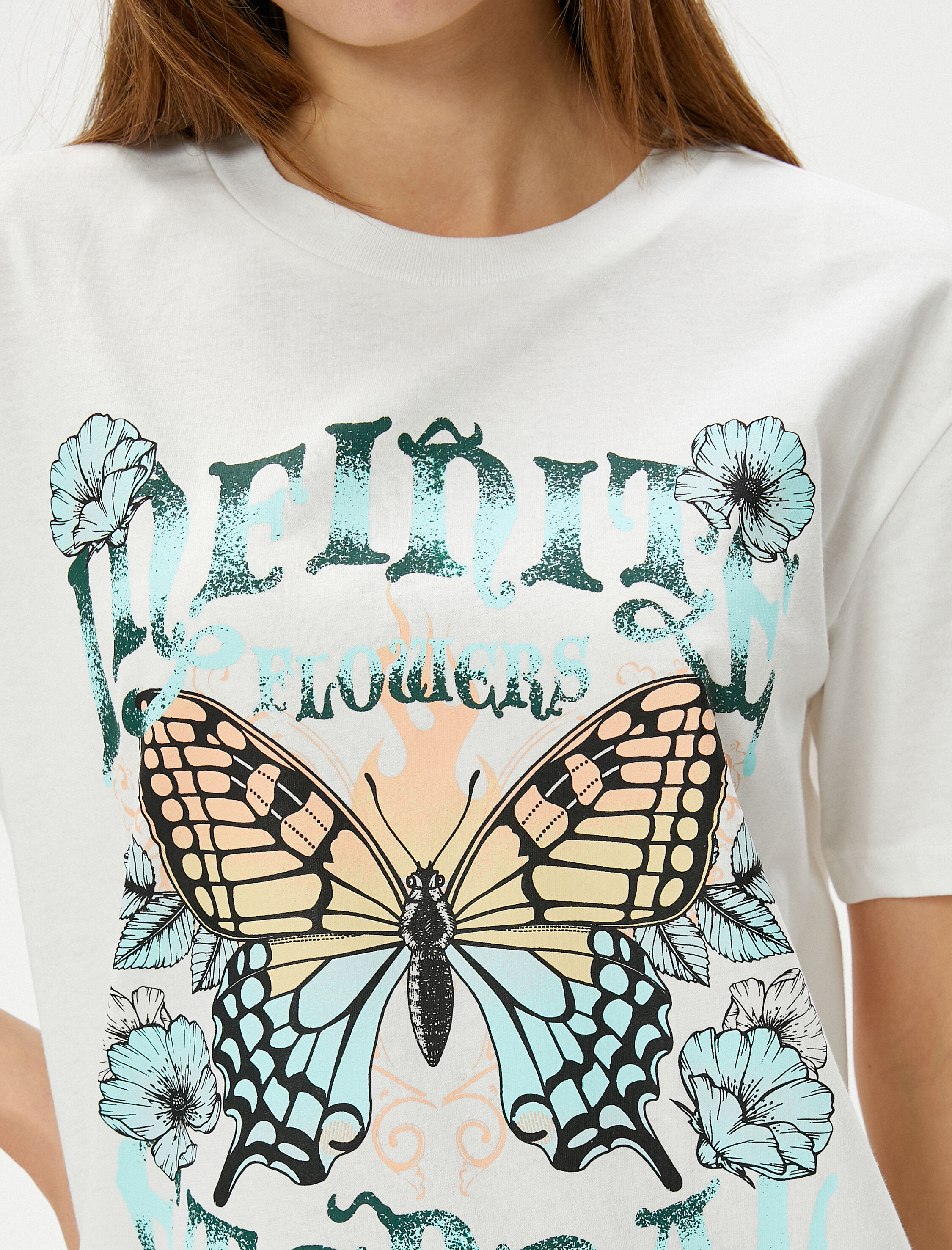   Kelebekli Tişört Pamuklu Kısa Kollu Bisiklet Yaka