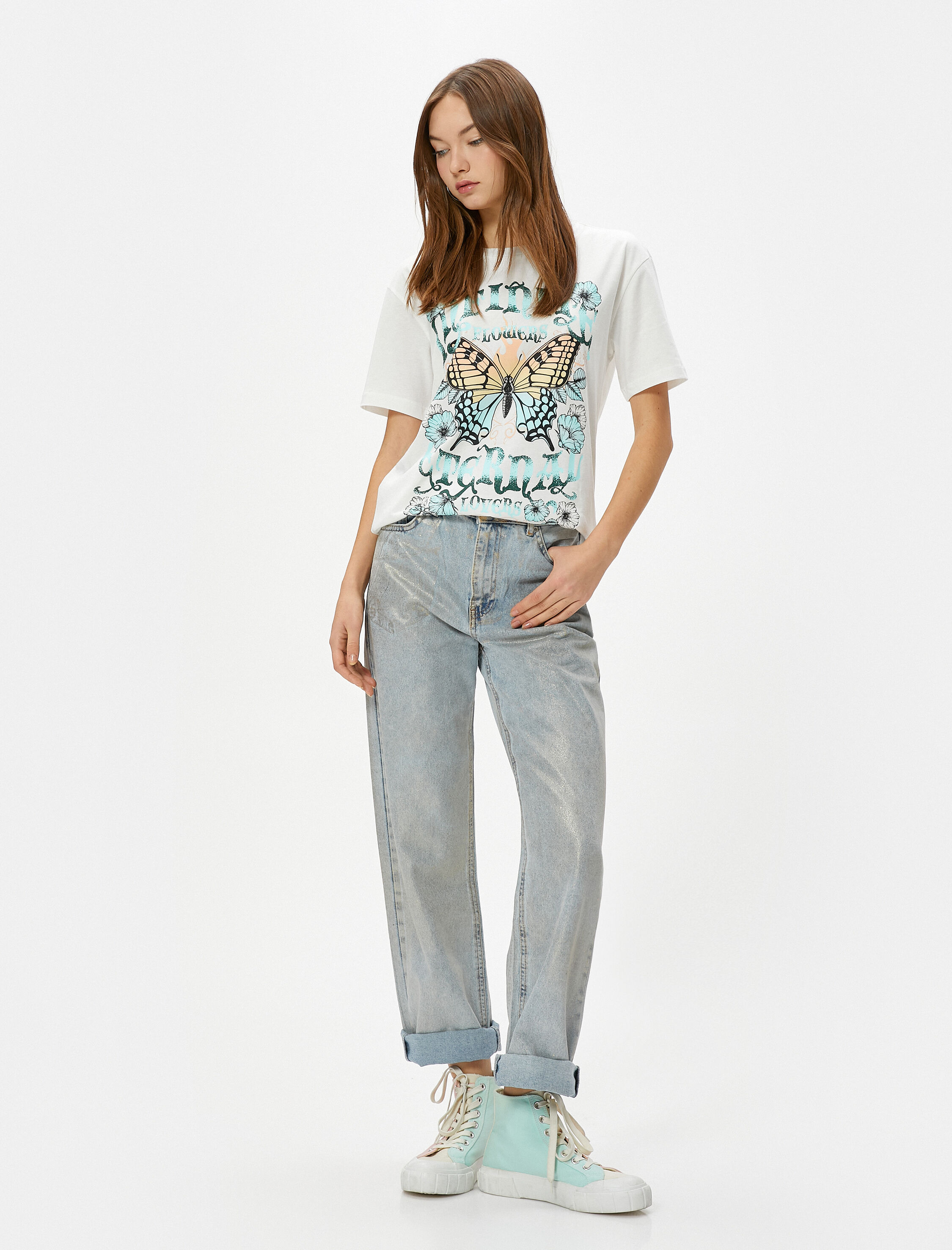   Kelebekli Tişört Pamuklu Kısa Kollu Bisiklet Yaka