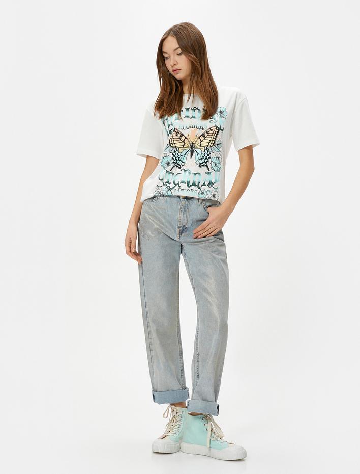  Kelebekli Tişört Pamuklu Kısa Kollu Bisiklet Yaka