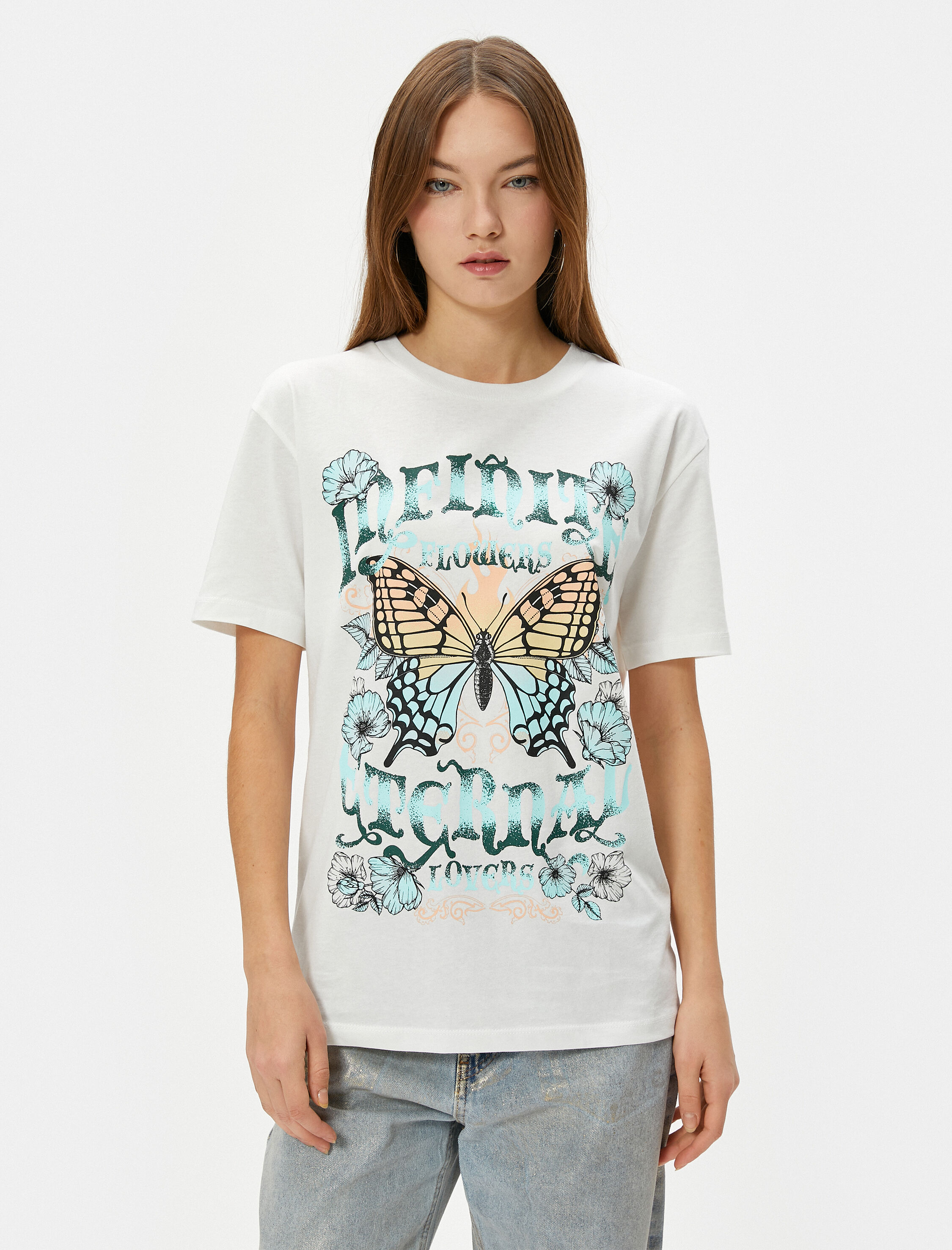   Kelebekli Tişört Pamuklu Kısa Kollu Bisiklet Yaka