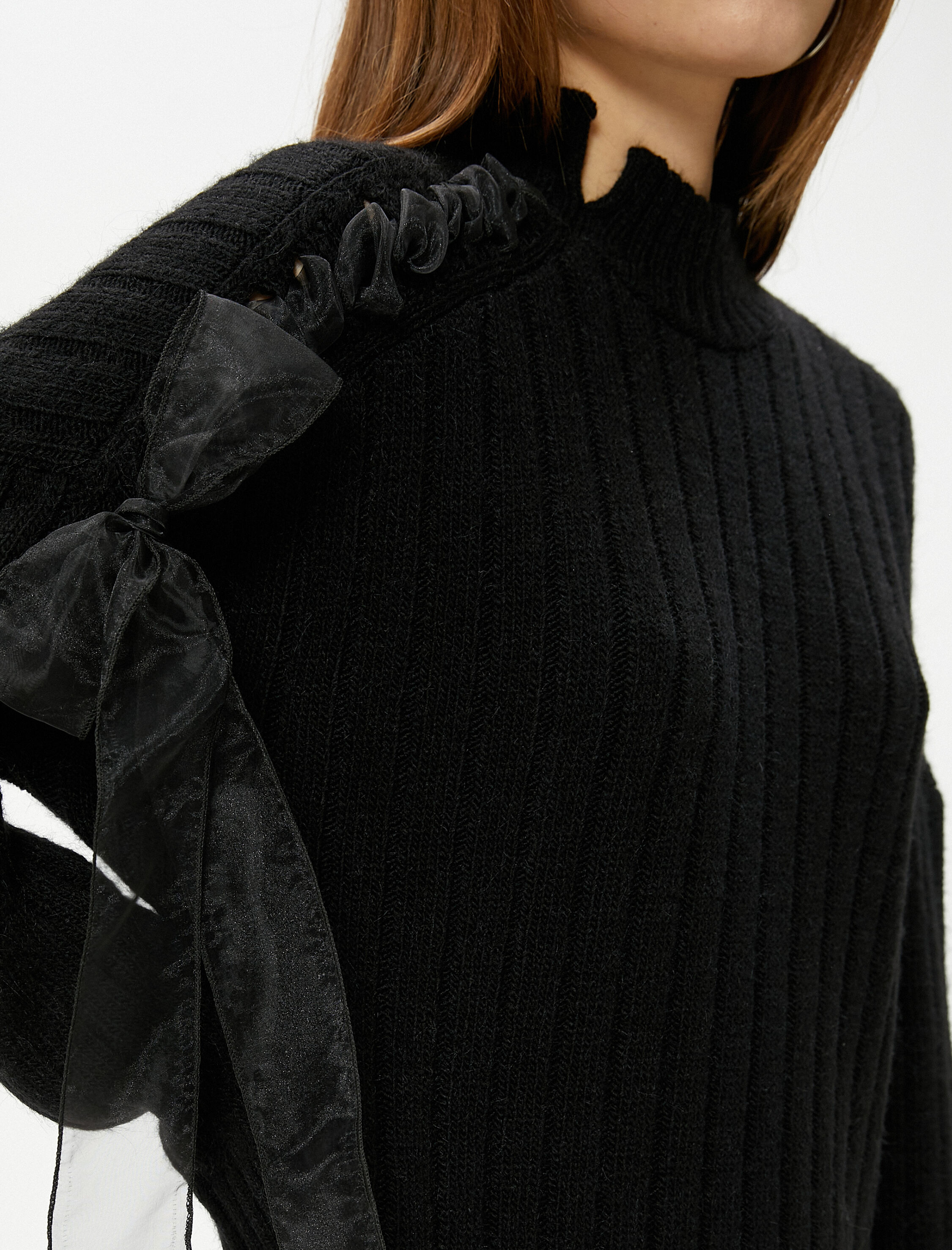   Triko Kazak Tül Detaylı Dik Yaka Uzun Kollu