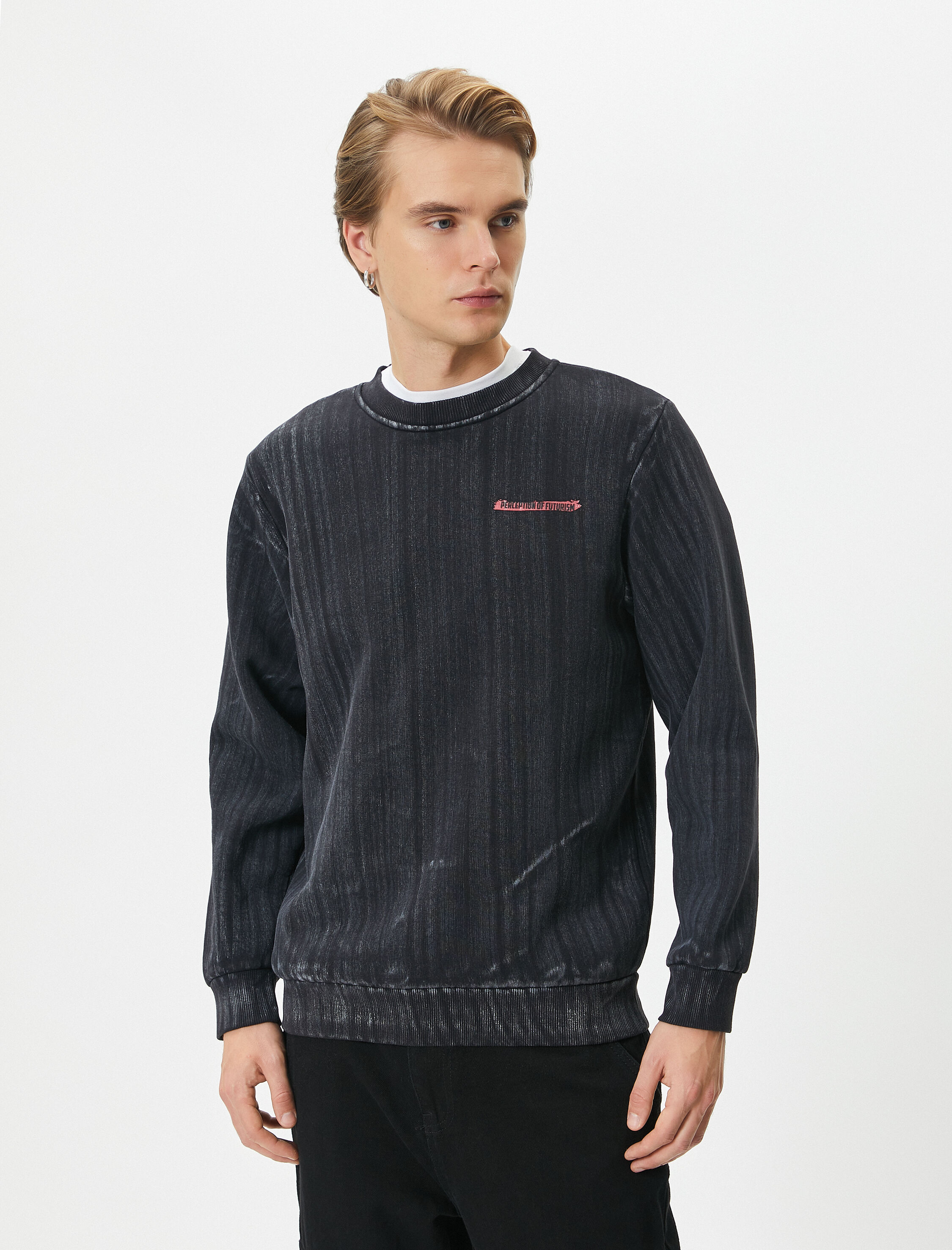   Yıkamalı Sweatshirt Slogan Detaylı Bisiklet Yaka Ribanalı Şardonlu