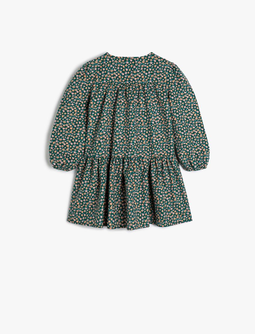 Kız Çocuk Çiçekli Elbise Bebe Yaka Uzun Kollu Düğmeli Pamuklu