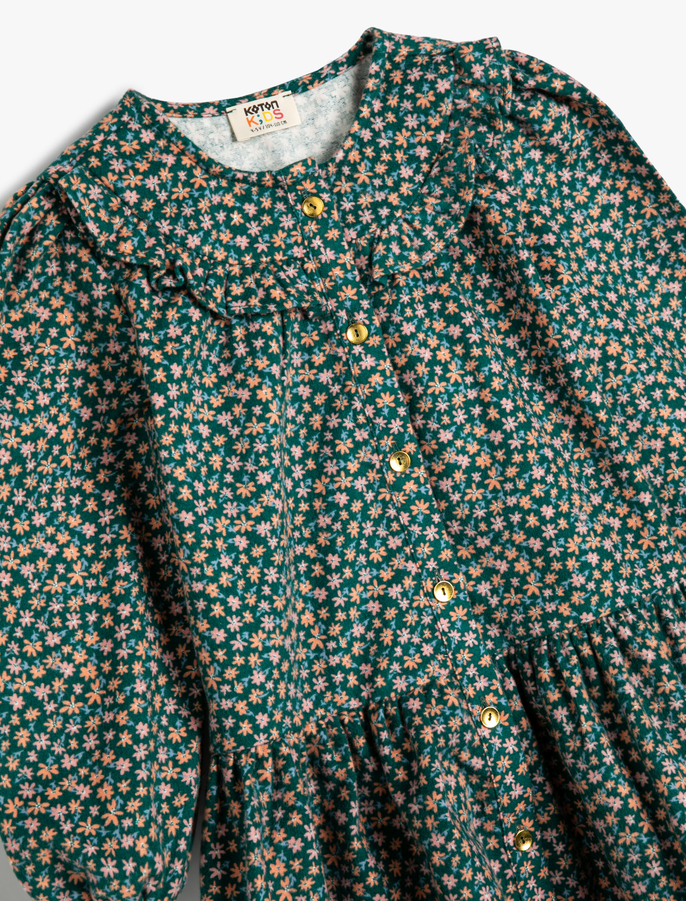  Kız Çocuk Çiçekli Elbise Bebe Yaka Uzun Kollu Düğmeli Pamuklu