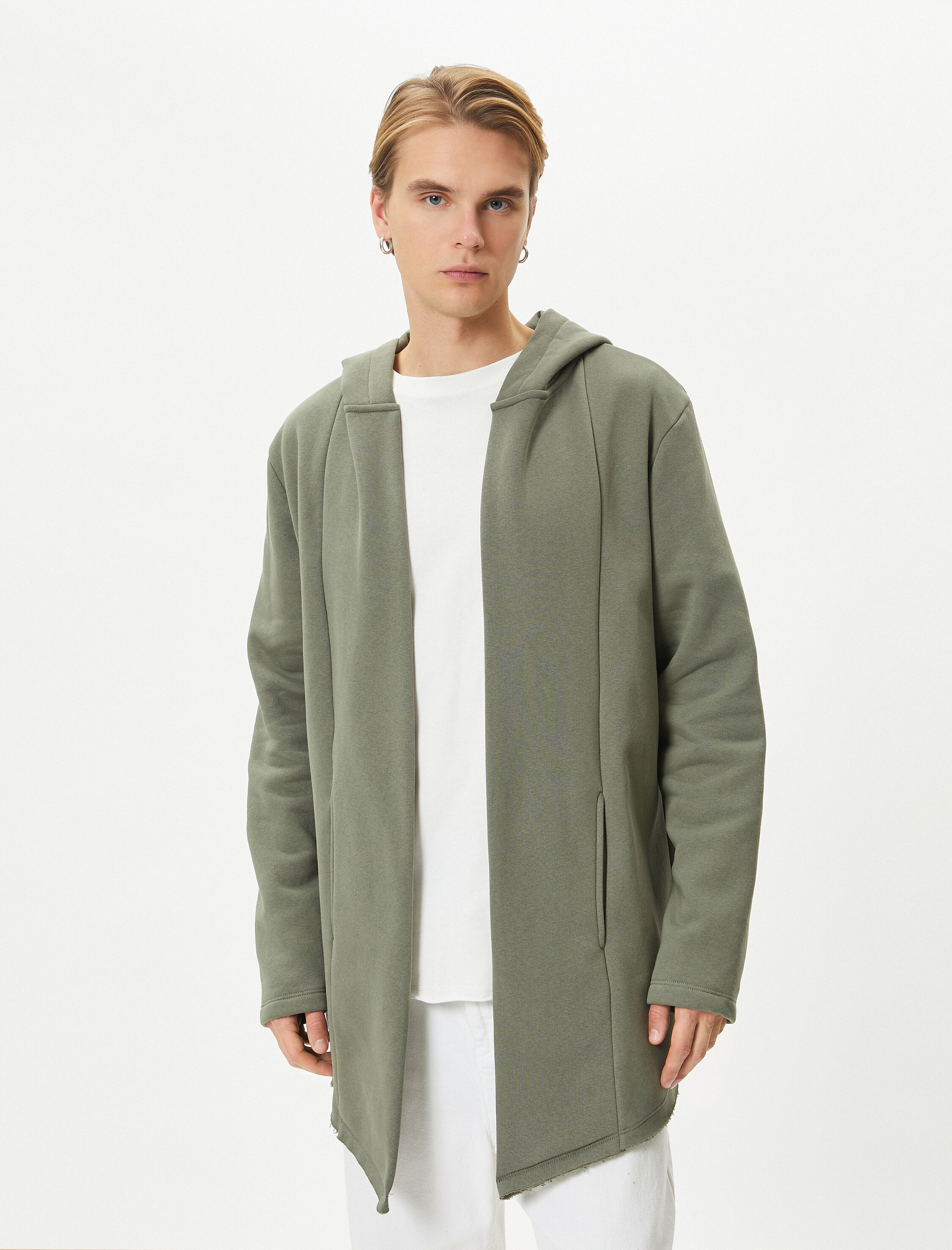   Kapşonlu Hırka Dikiş Detaylı Cepli Asimetrik Kesim