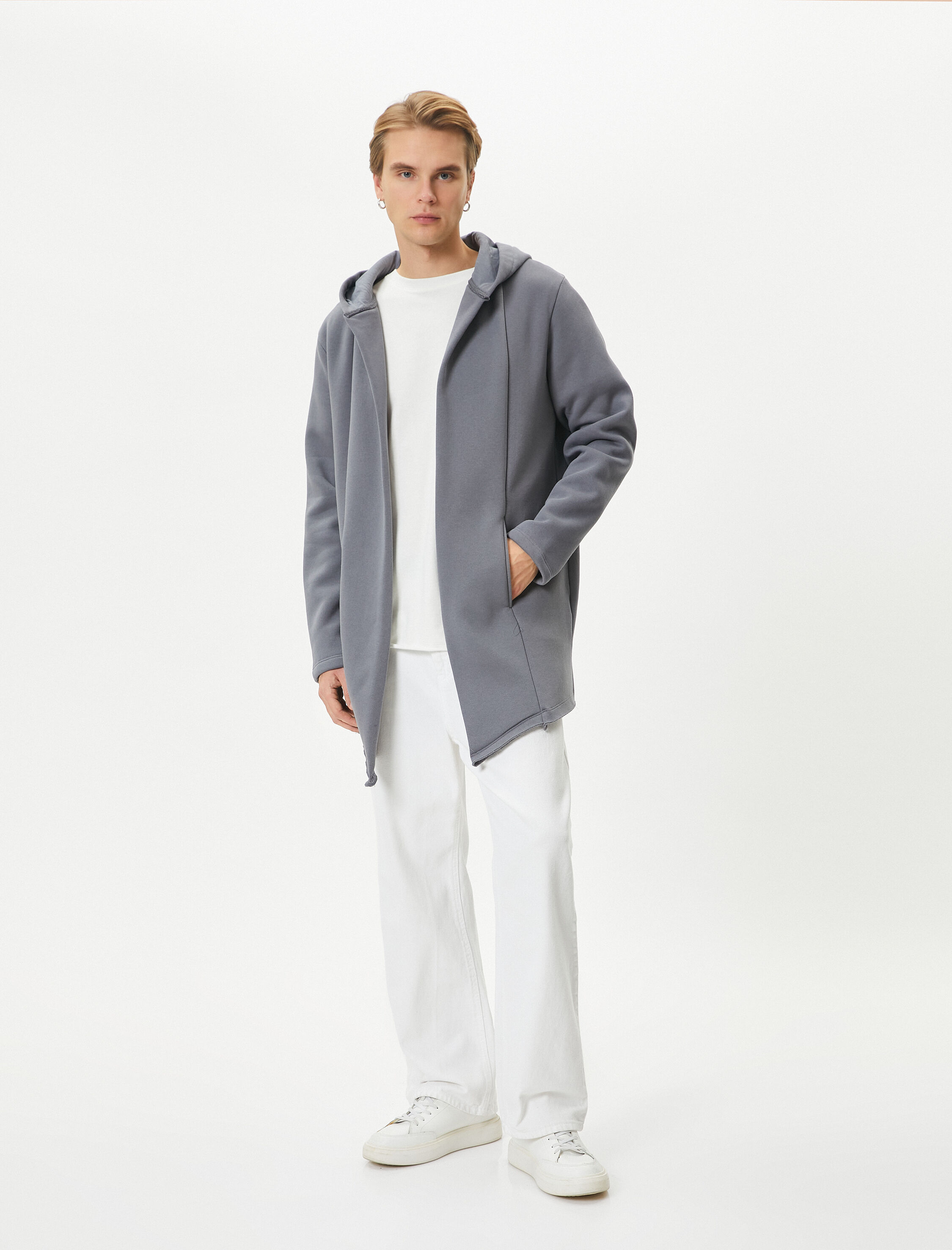   Kapşonlu Hırka Dikiş Detaylı Cepli Asimetrik Kesim