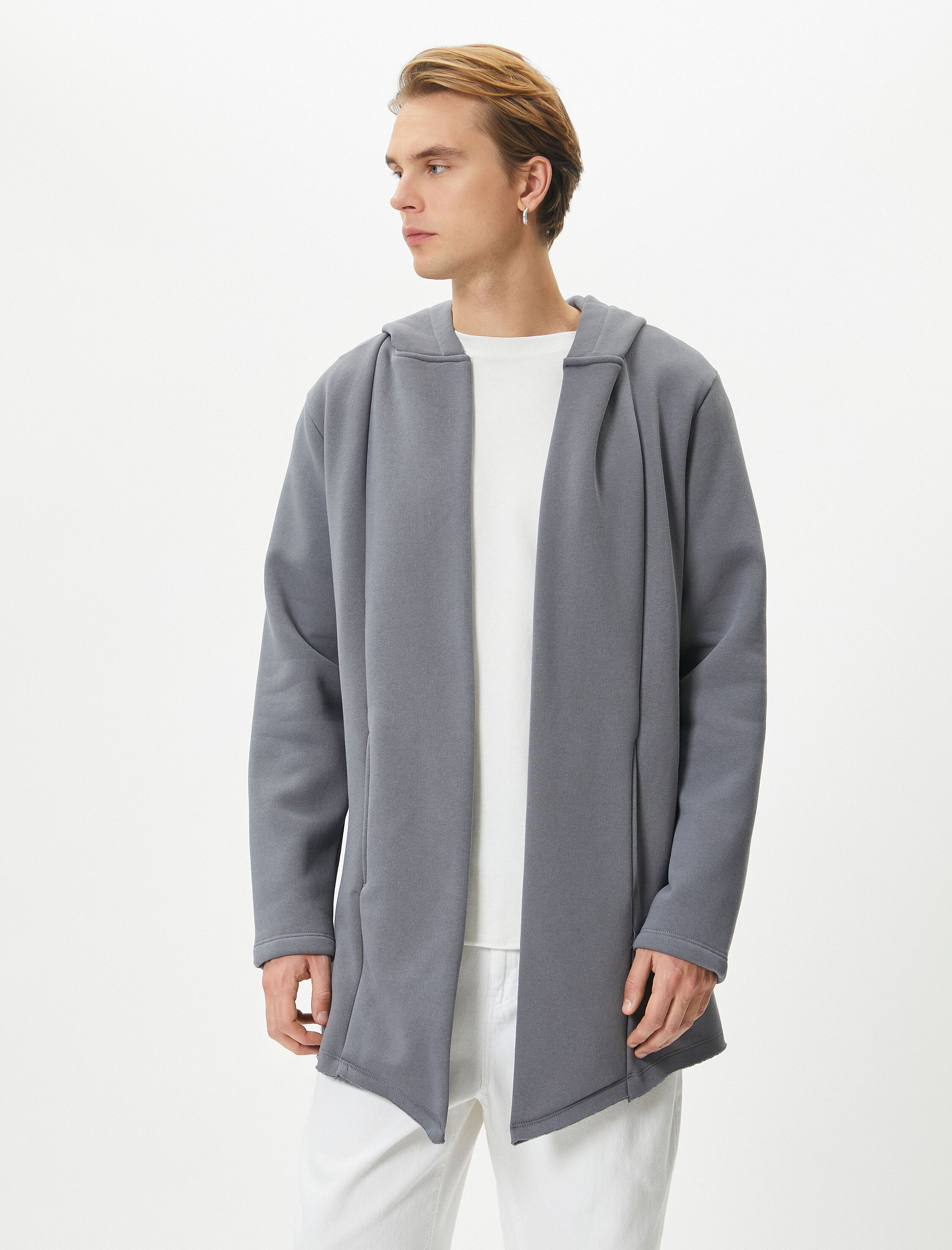   Kapşonlu Hırka Dikiş Detaylı Cepli Asimetrik Kesim