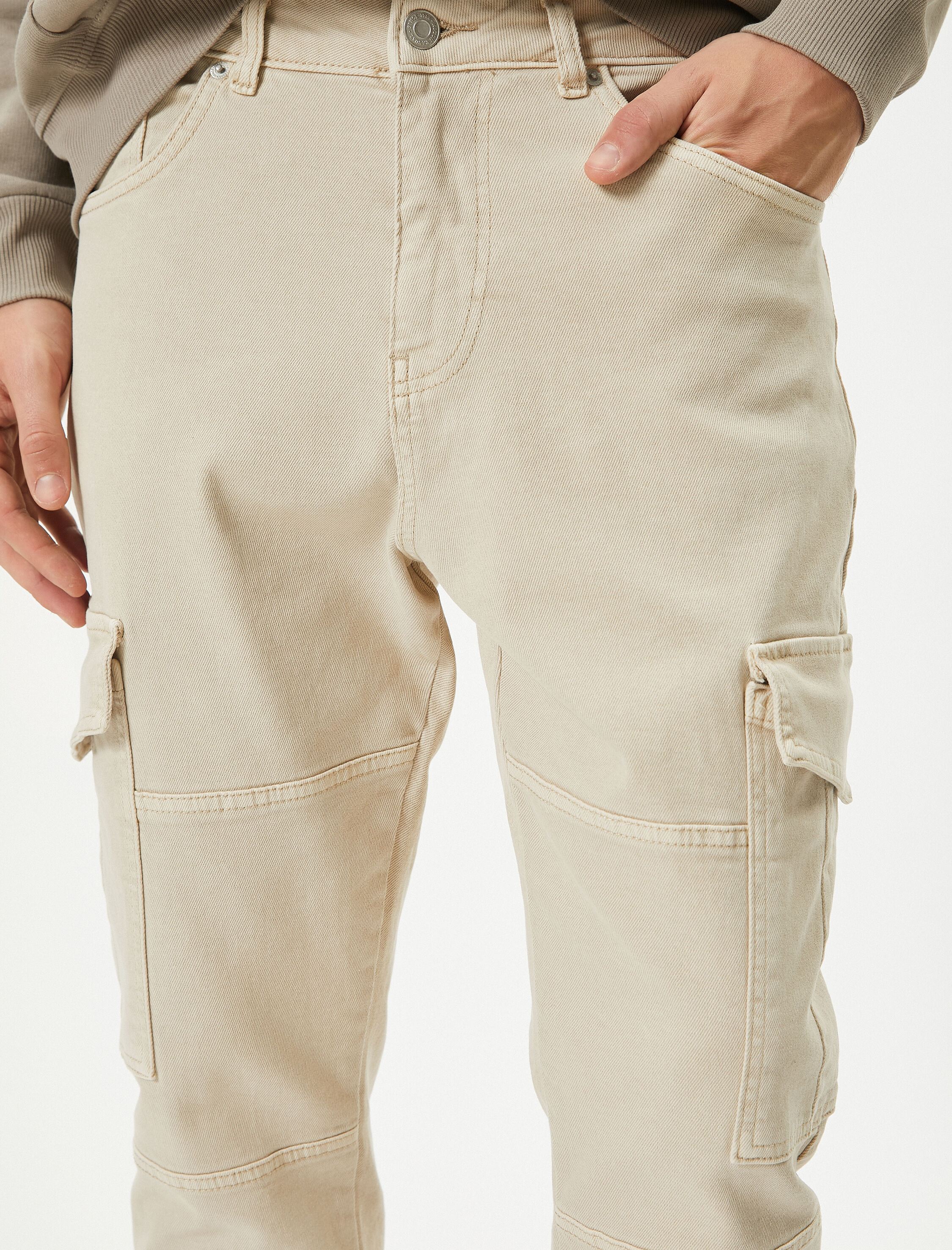   Yıkamalı Pantolon Kargo Cepli Dikiş Detaylı Slim Fit Düğmeli