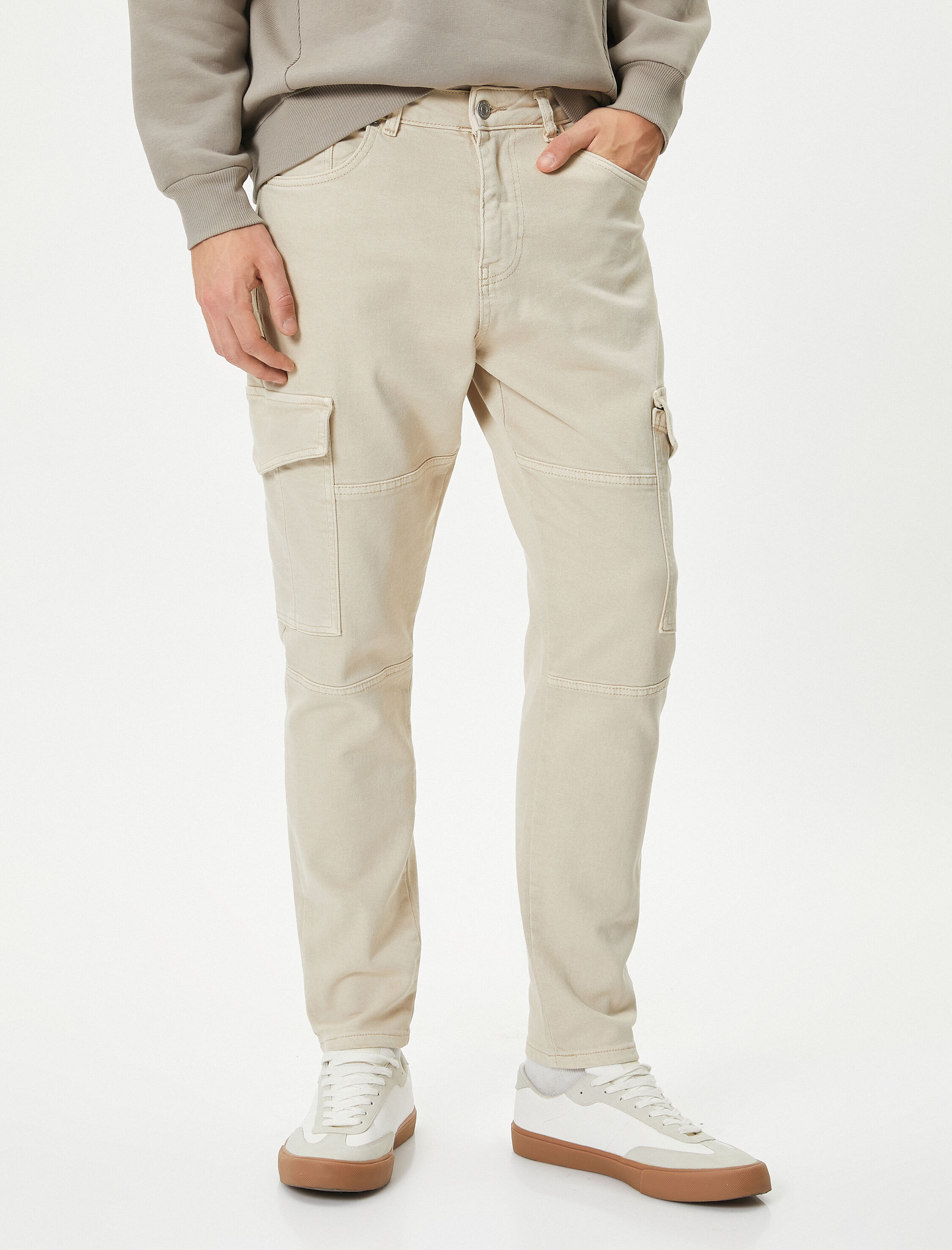   Yıkamalı Pantolon Kargo Cepli Dikiş Detaylı Slim Fit Düğmeli