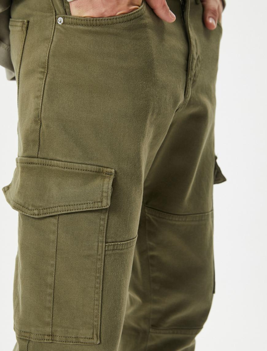   Yıkamalı Pantolon Kargo Cepli Dikiş Detaylı Slim Fit Düğmeli
