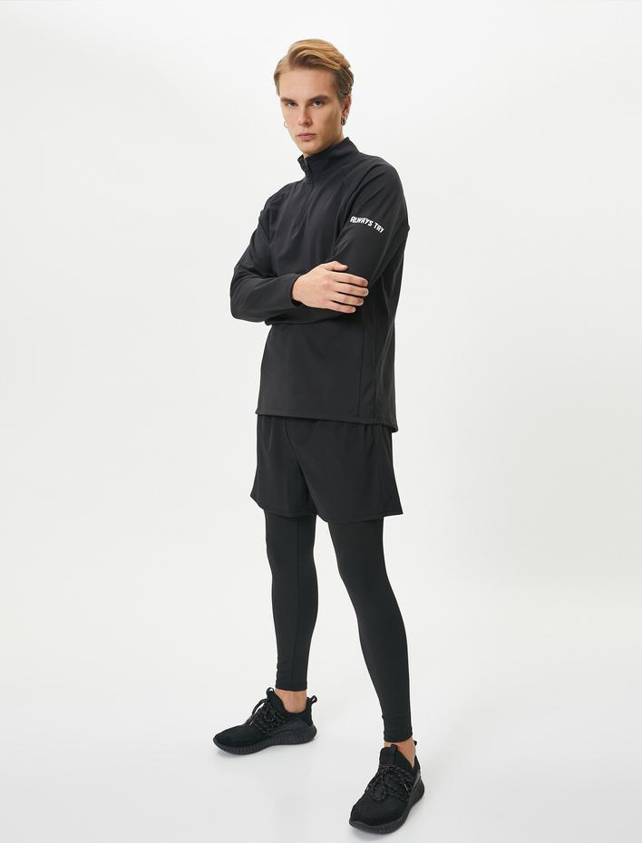  Spor Sweatshirt Yarım Fermuarlı Dik Yaka Slogan Baskılı