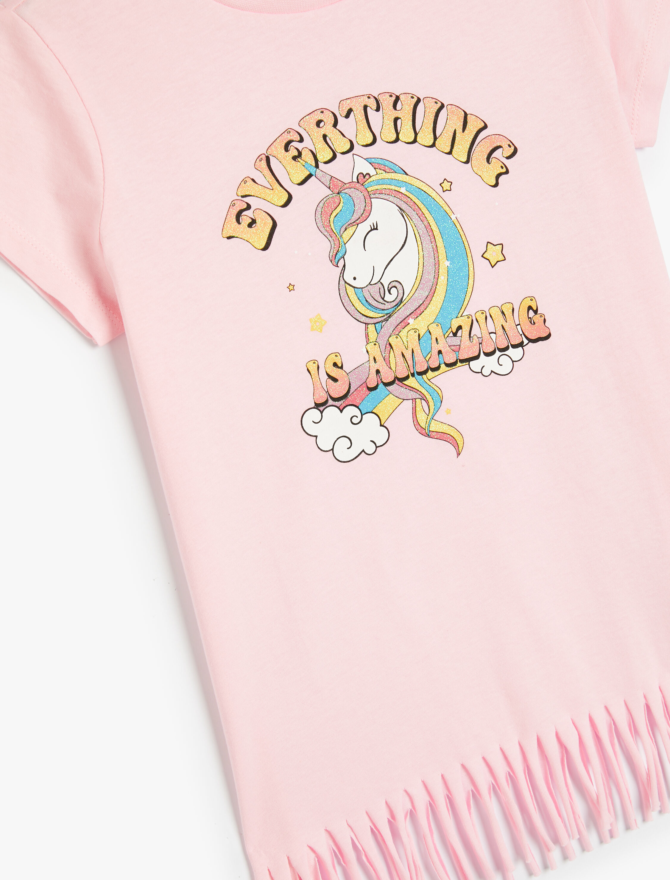  Kız Çocuk Unicorn Baskılı Püsküllü Tişört Kısa Kollu