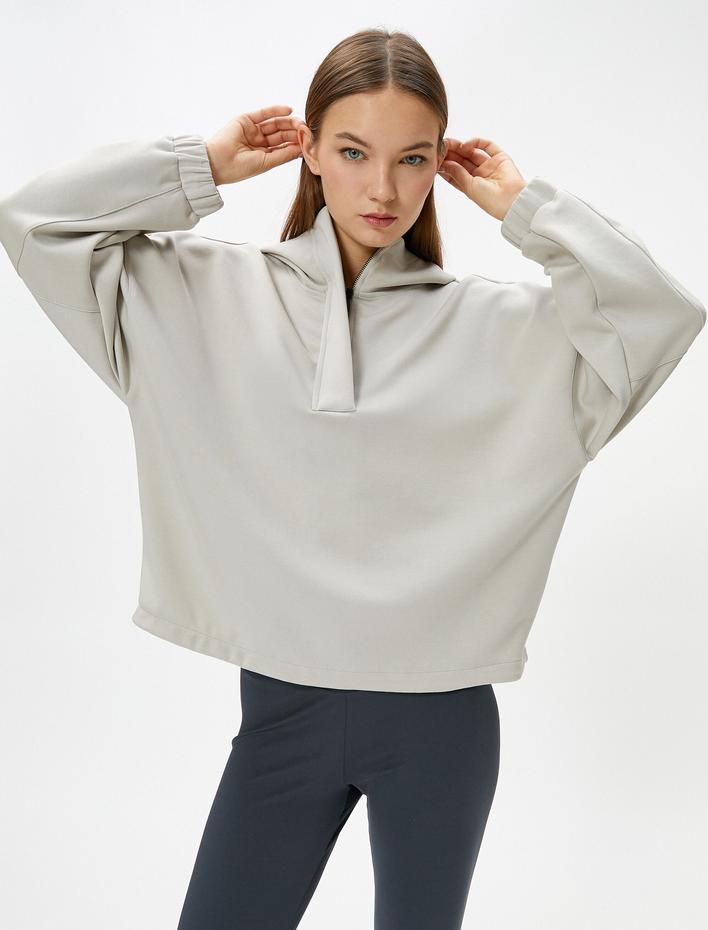  Modal Kumaş Kapşonlu Spor Sweatshirt Yarım Fermuarlı Rahat Kalıp