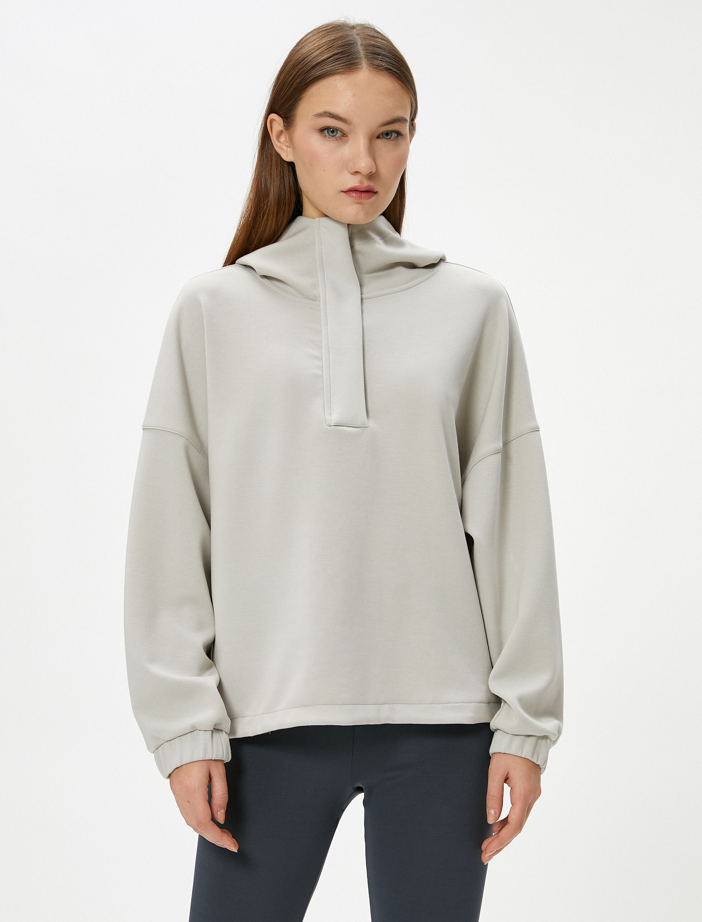   Modal Kumaş Kapşonlu Spor Sweatshirt Yarım Fermuarlı Rahat Kalıp