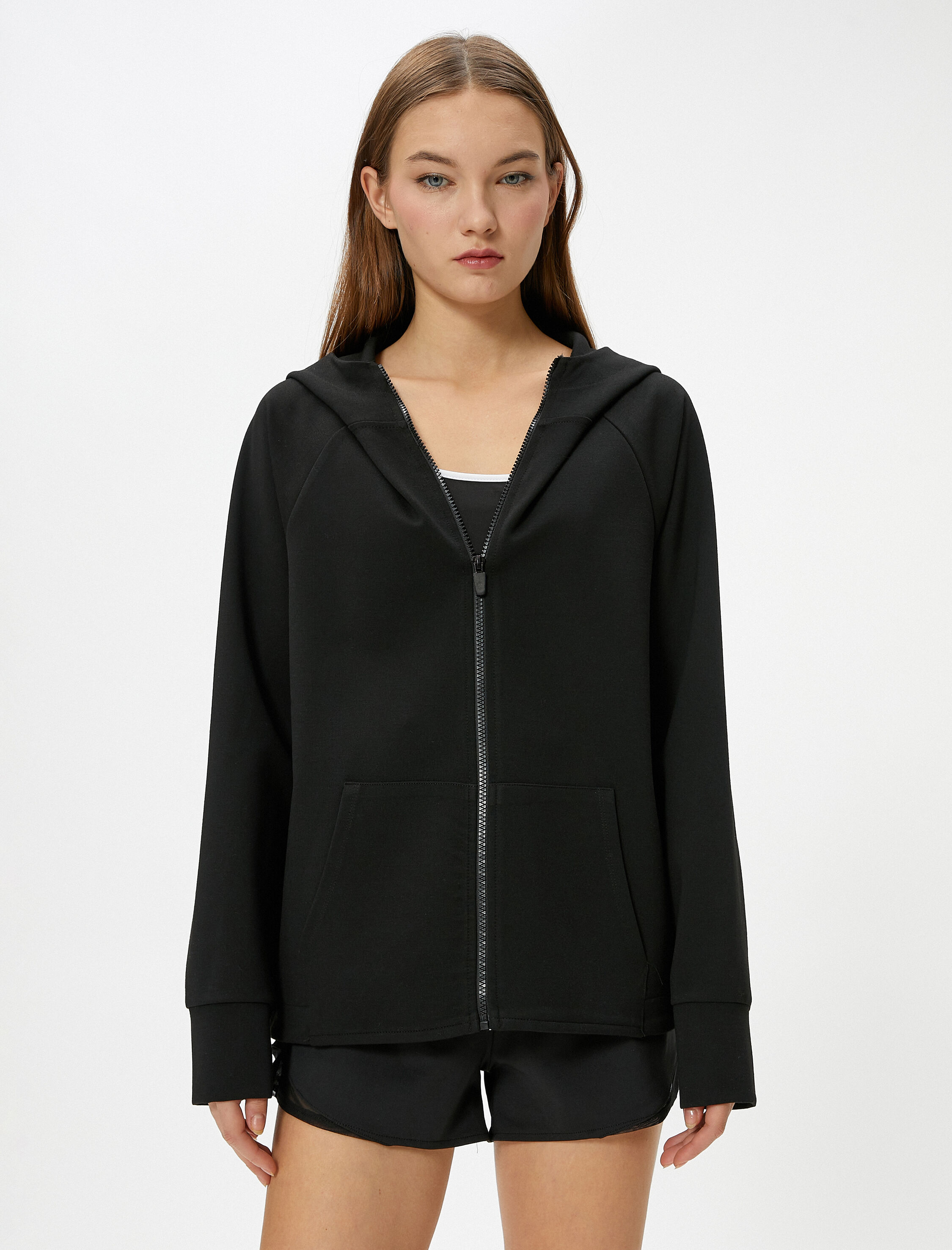   Fermuarlı Kapşonlu Sweatshirt Spor Rahat Kalıp Kanguru Cepli