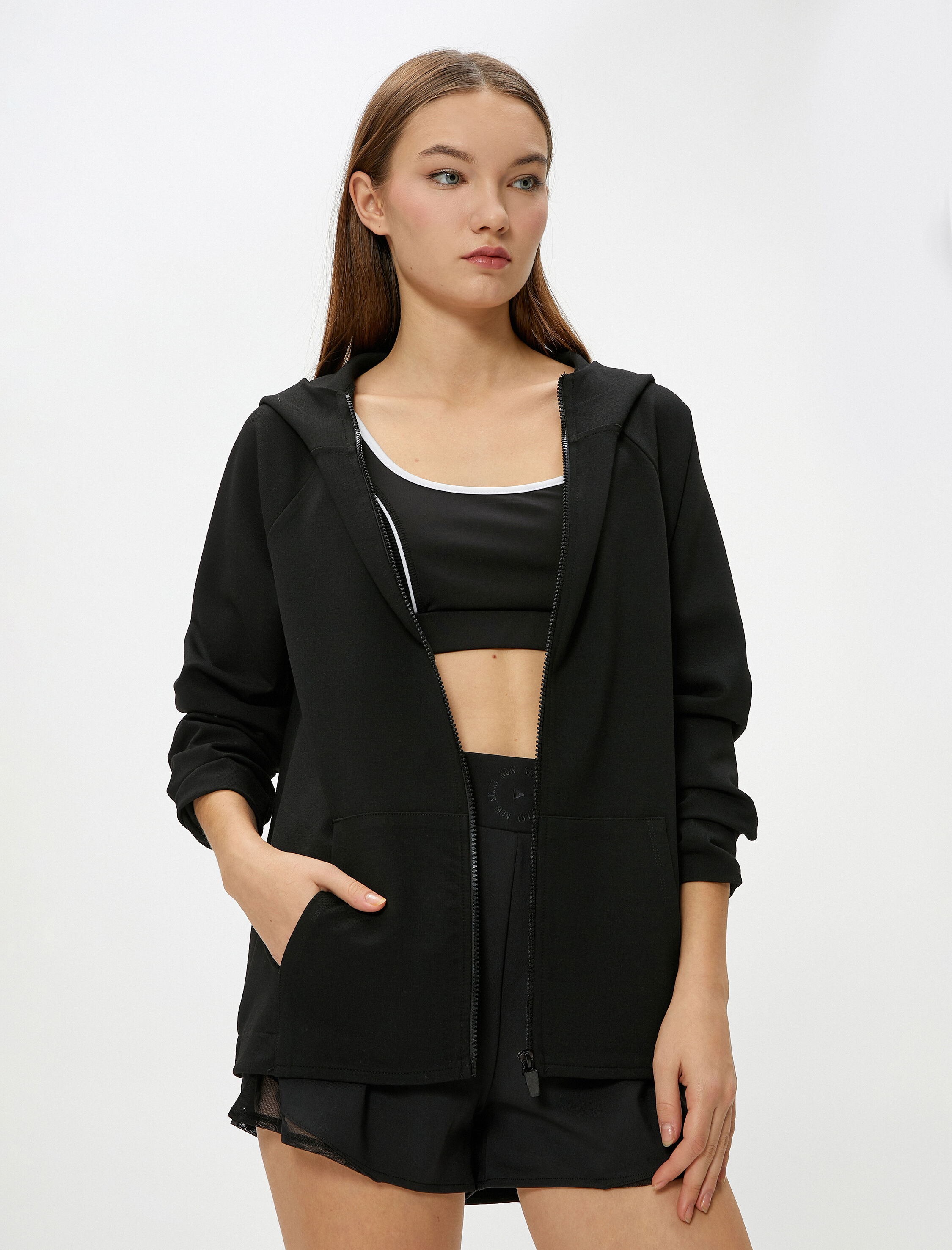   Fermuarlı Kapşonlu Sweatshirt Spor Rahat Kalıp Kanguru Cepli