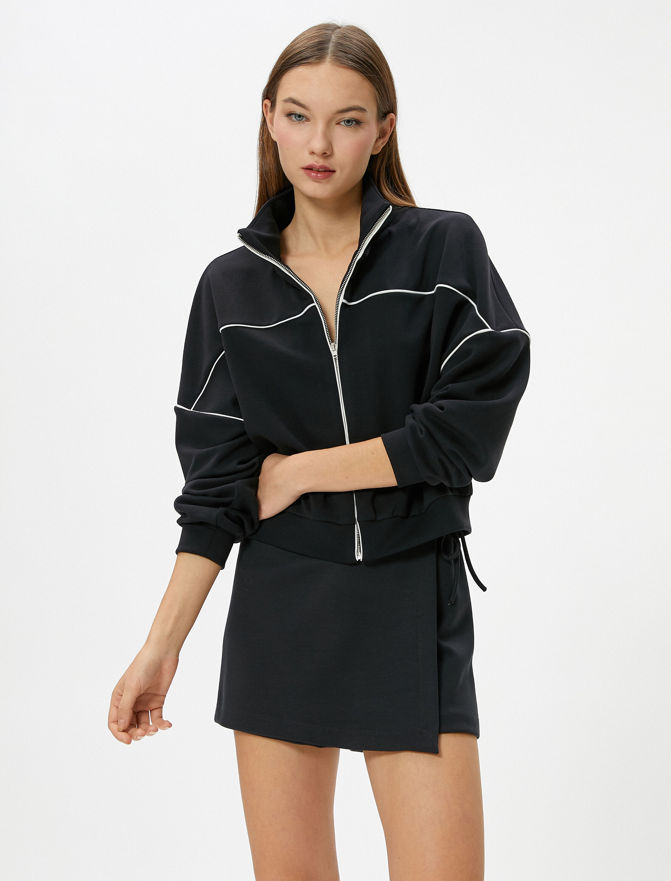   Fermuarlı Spor Sweatshirt Modal Kumaş Çizgili Rahat Kalıp