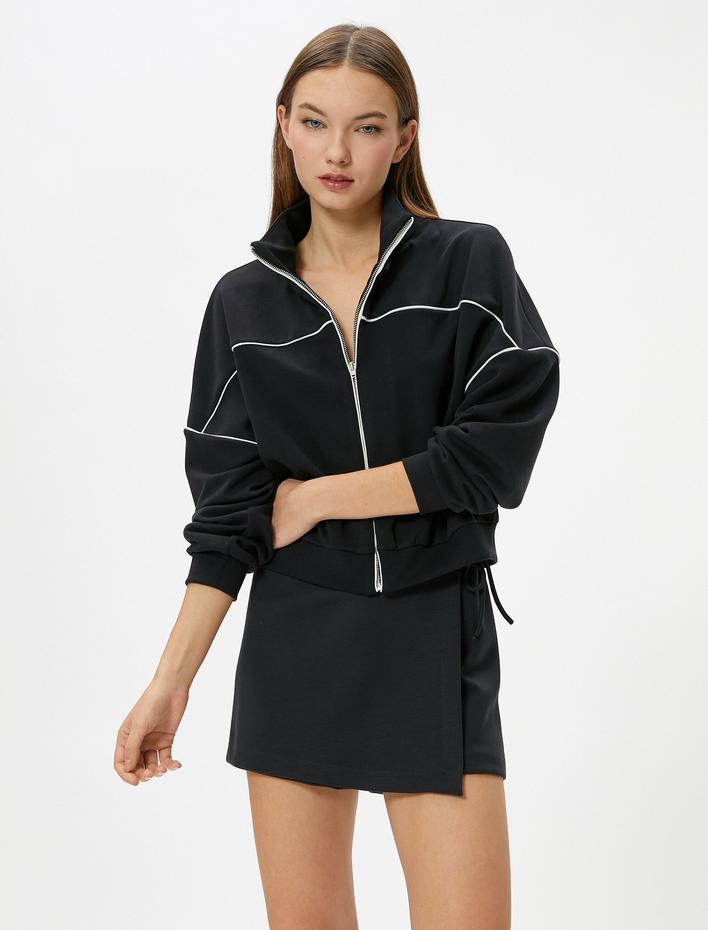  Fermuarlı Spor Sweatshirt Modal Kumaş Çizgili Rahat Kalıp