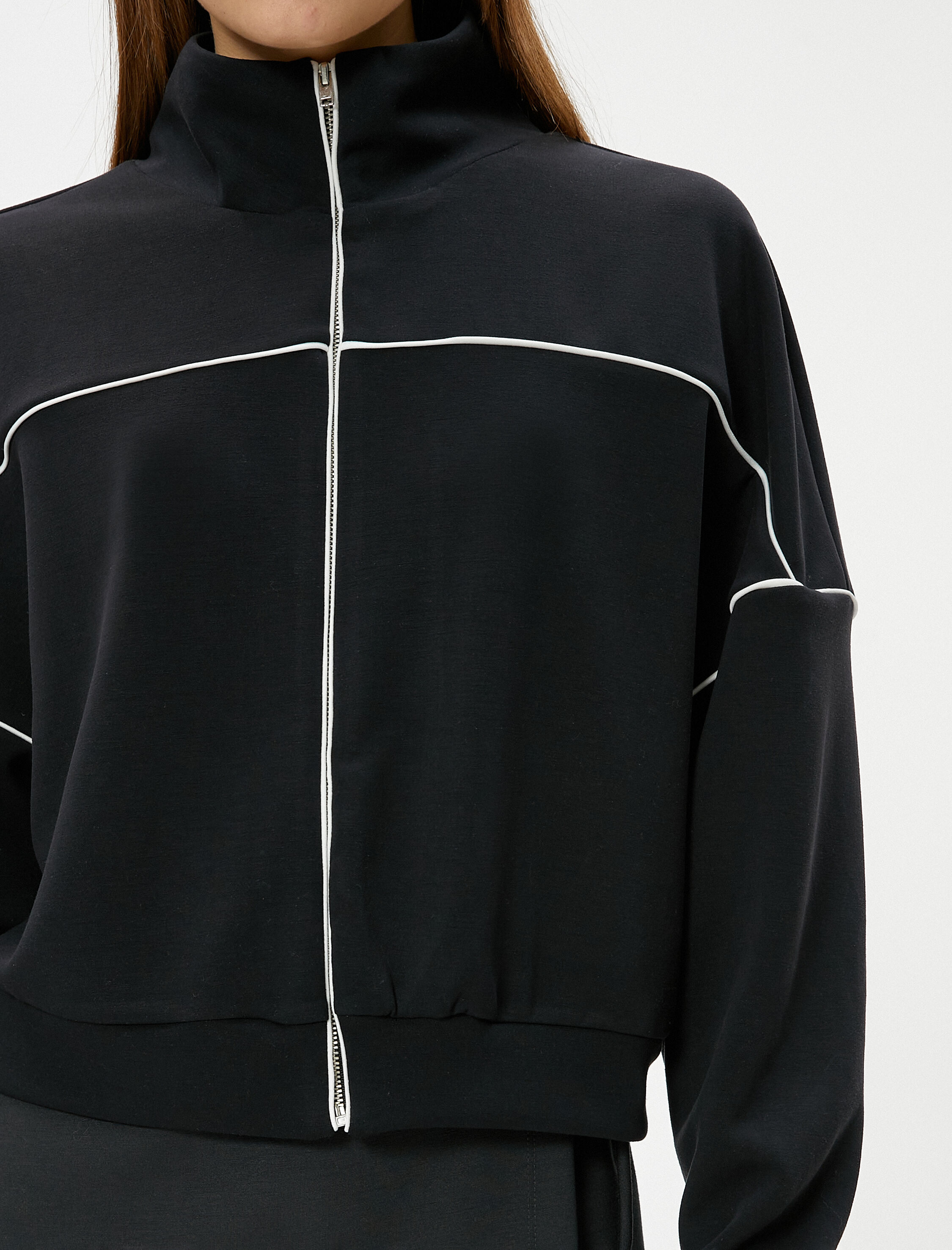   Fermuarlı Spor Sweatshirt Modal Kumaş Çizgili Rahat Kalıp