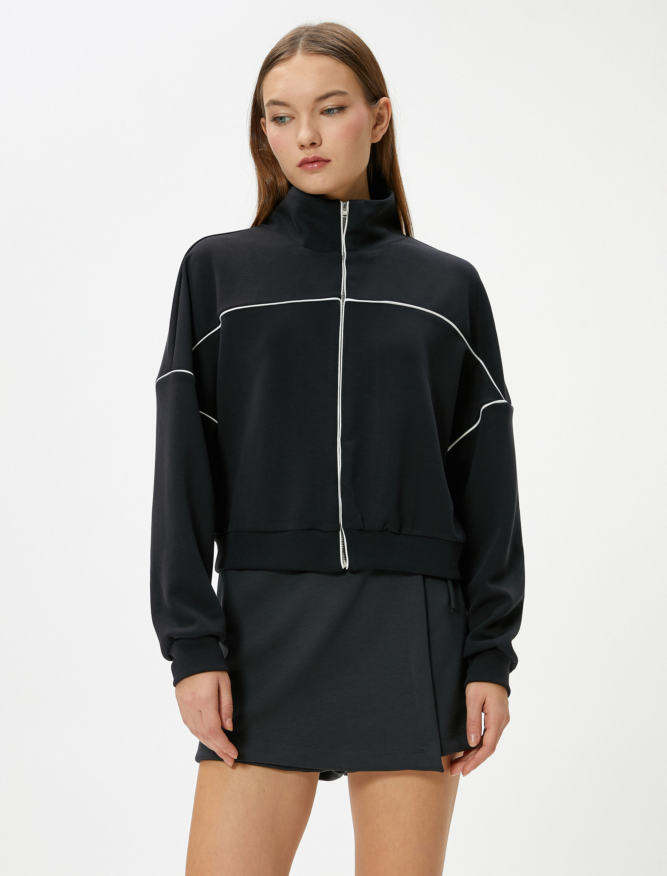   Fermuarlı Spor Sweatshirt Modal Kumaş Çizgili Rahat Kalıp