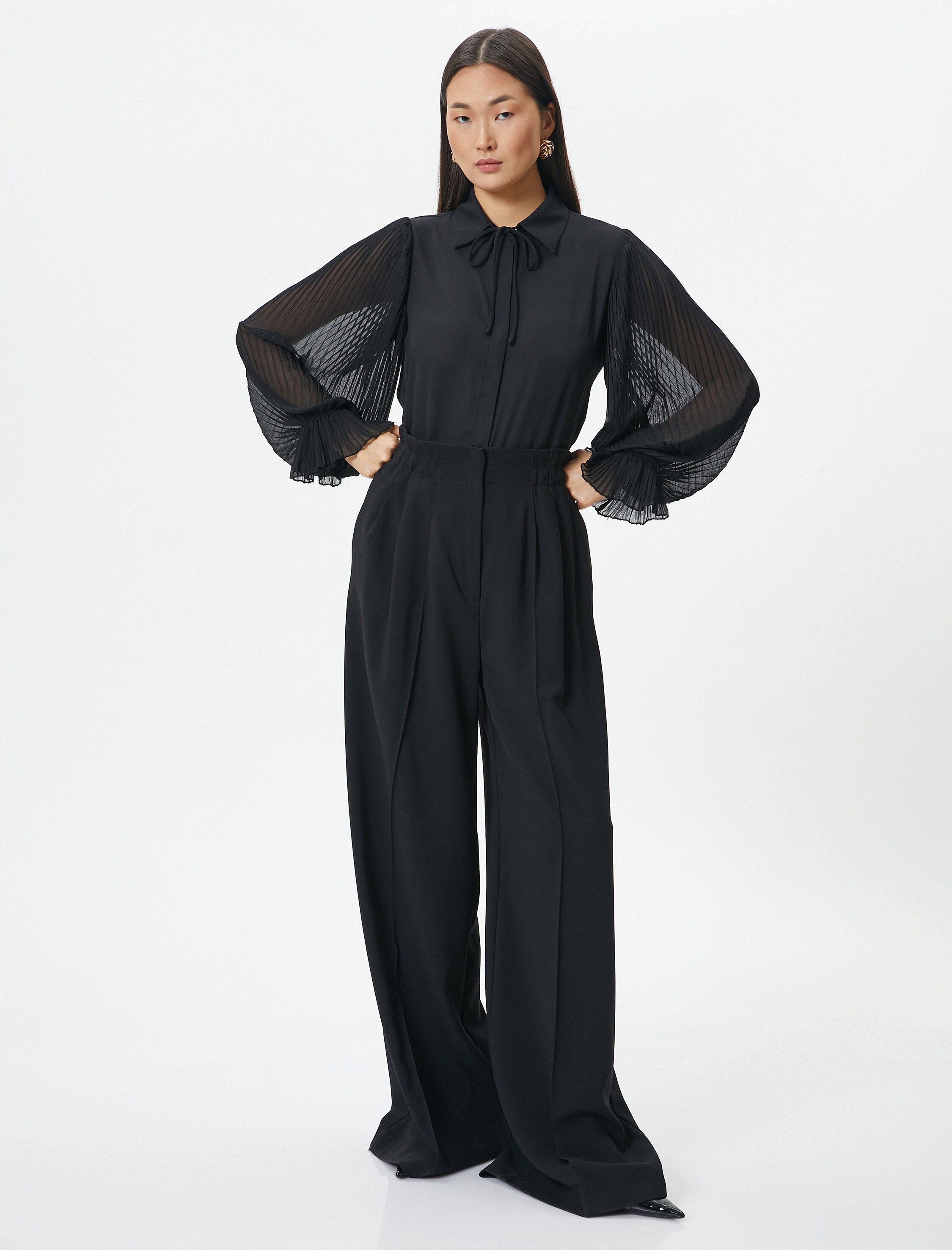   Şifon Gömlek Pileli Balon Kollu Yakası Bağlamalı Düğmeli