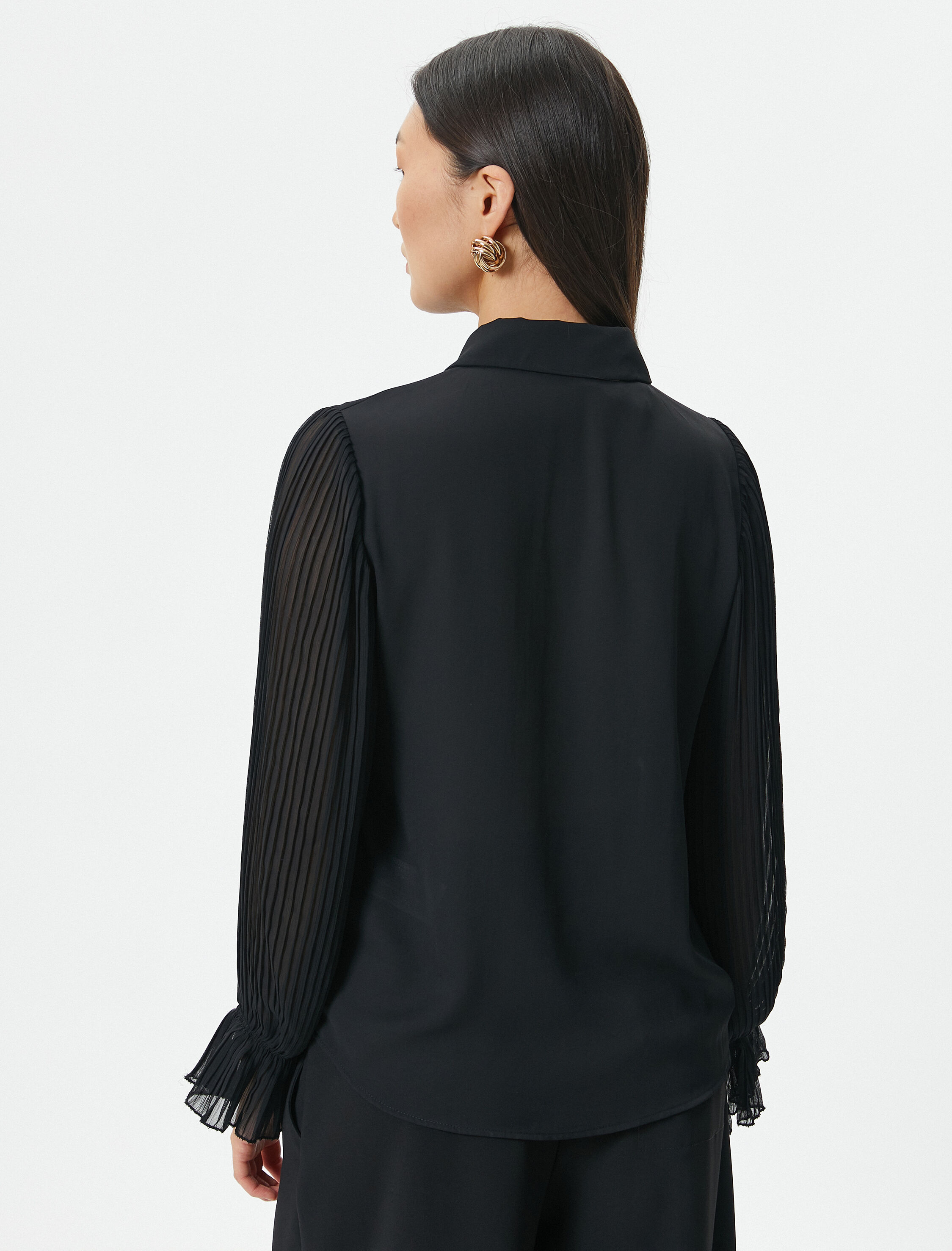   Şifon Gömlek Pileli Balon Kollu Yakası Bağlamalı Düğmeli