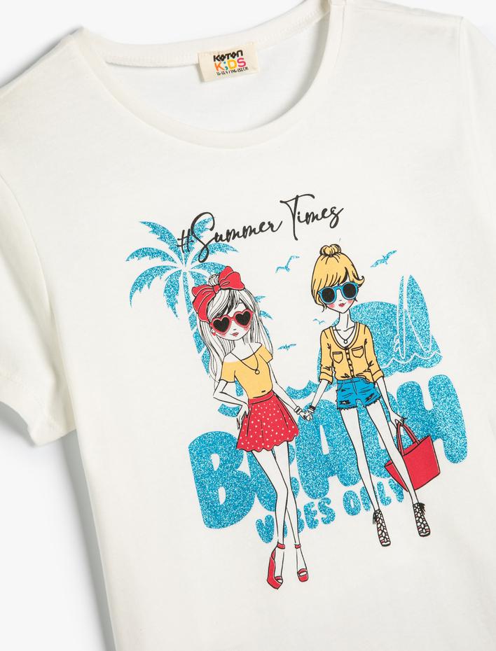 Kız Çocuk Baskılı Tişört Kısa Kollu Bisiklet Yaka Pamuklu