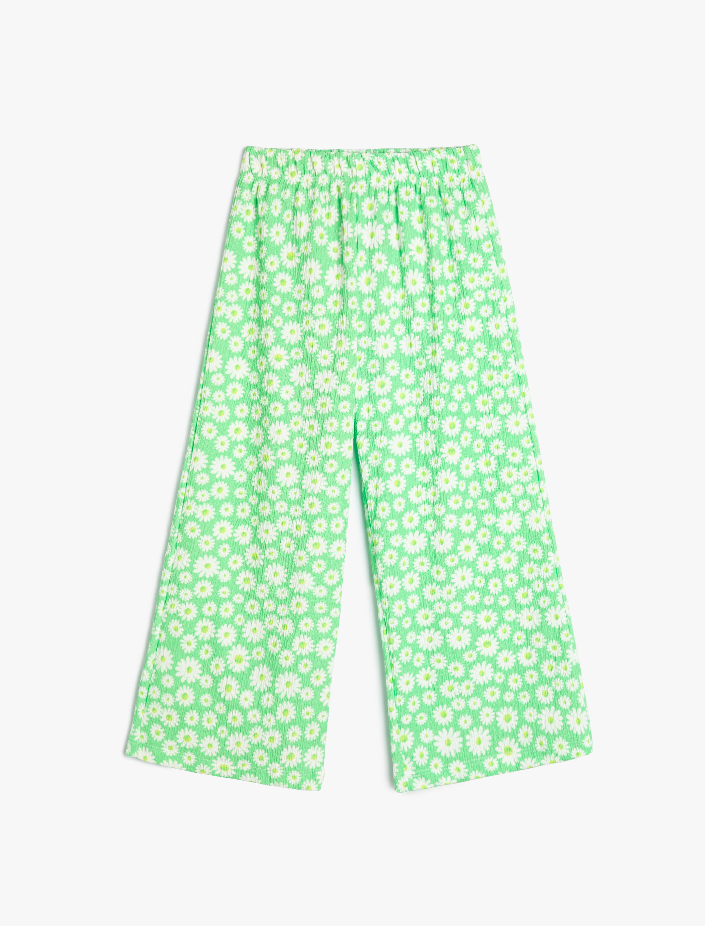  Kız Çocuk Bol Paça Pantolon Çiçekli Beli Lastikli Dokulu