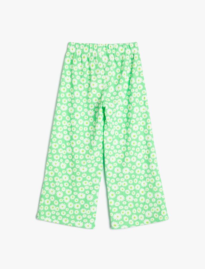 Kız Çocuk Bol Paça Pantolon Çiçekli Beli Lastikli Dokulu