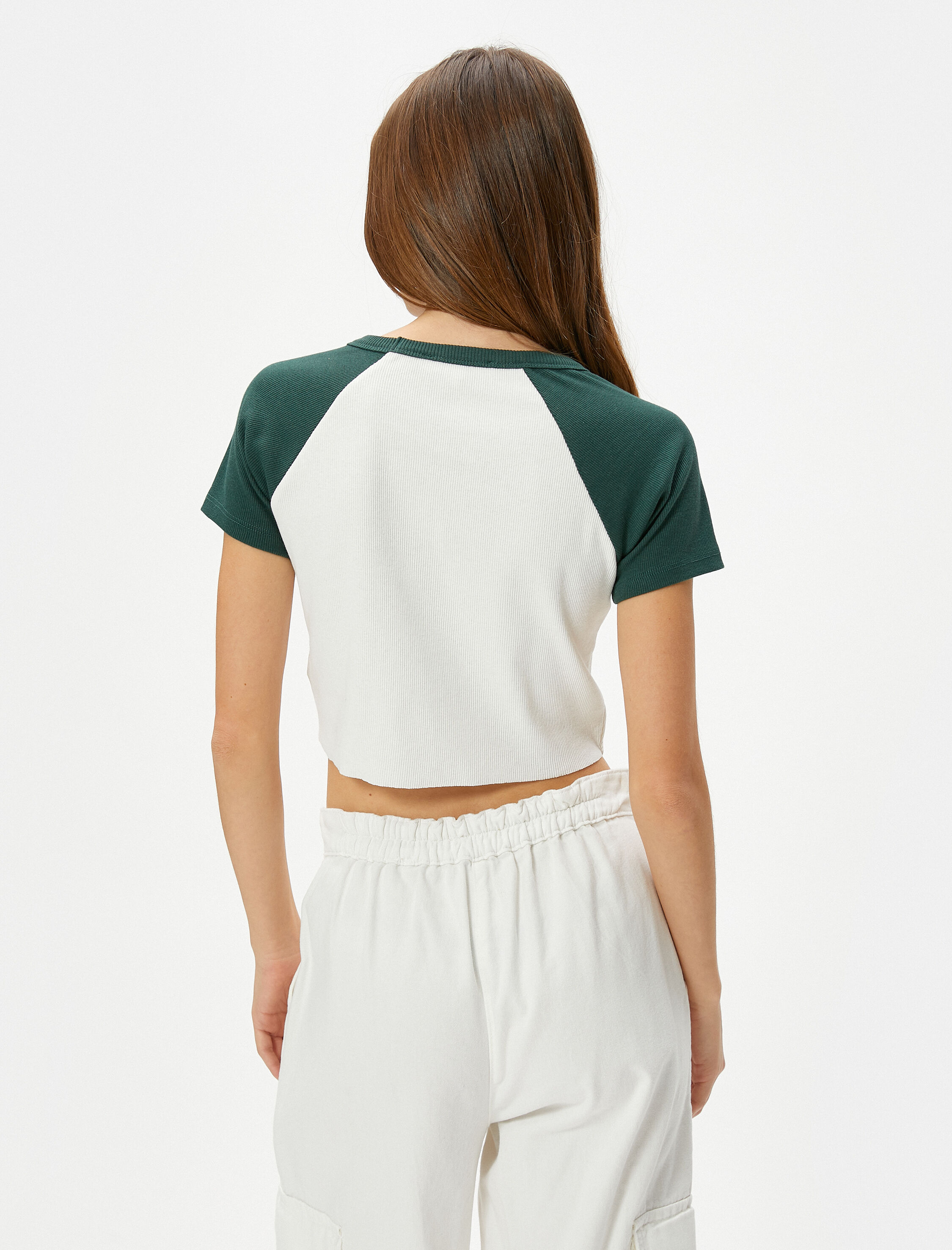   Kolej Crop Tişört Pamuklu Renk Bloklu Baskılı Kısa Kollu