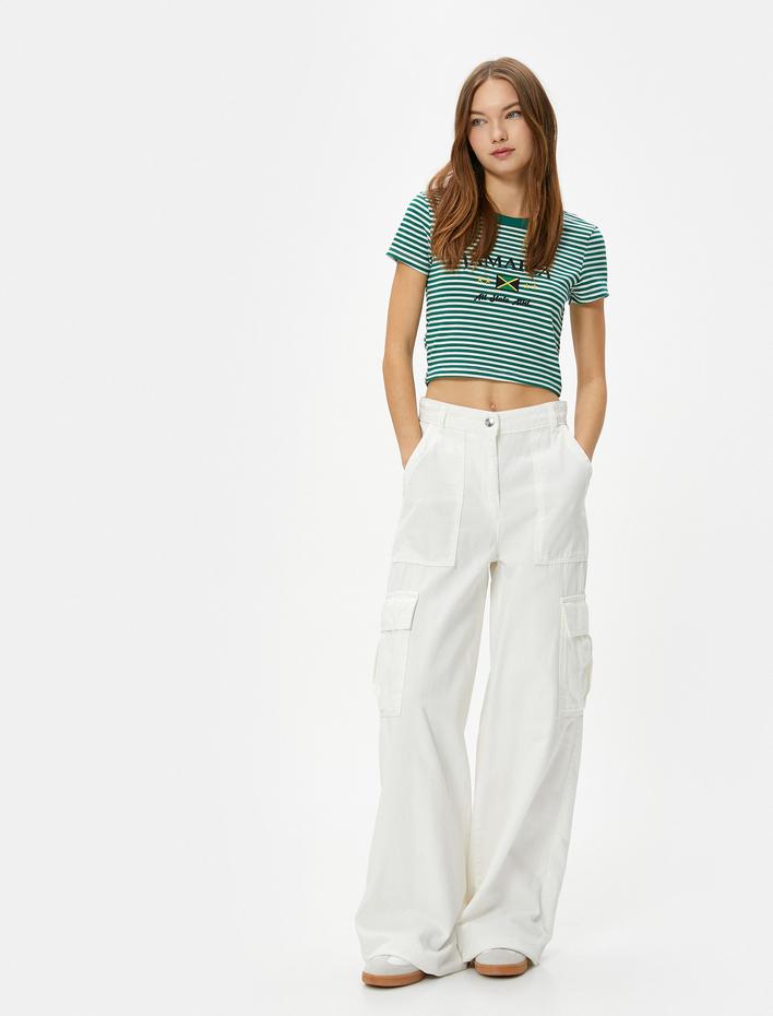  Crop Tişört Kısa Kollu Bisiklet Yaka Dar Kalıp Kaşkorse İşlemeli