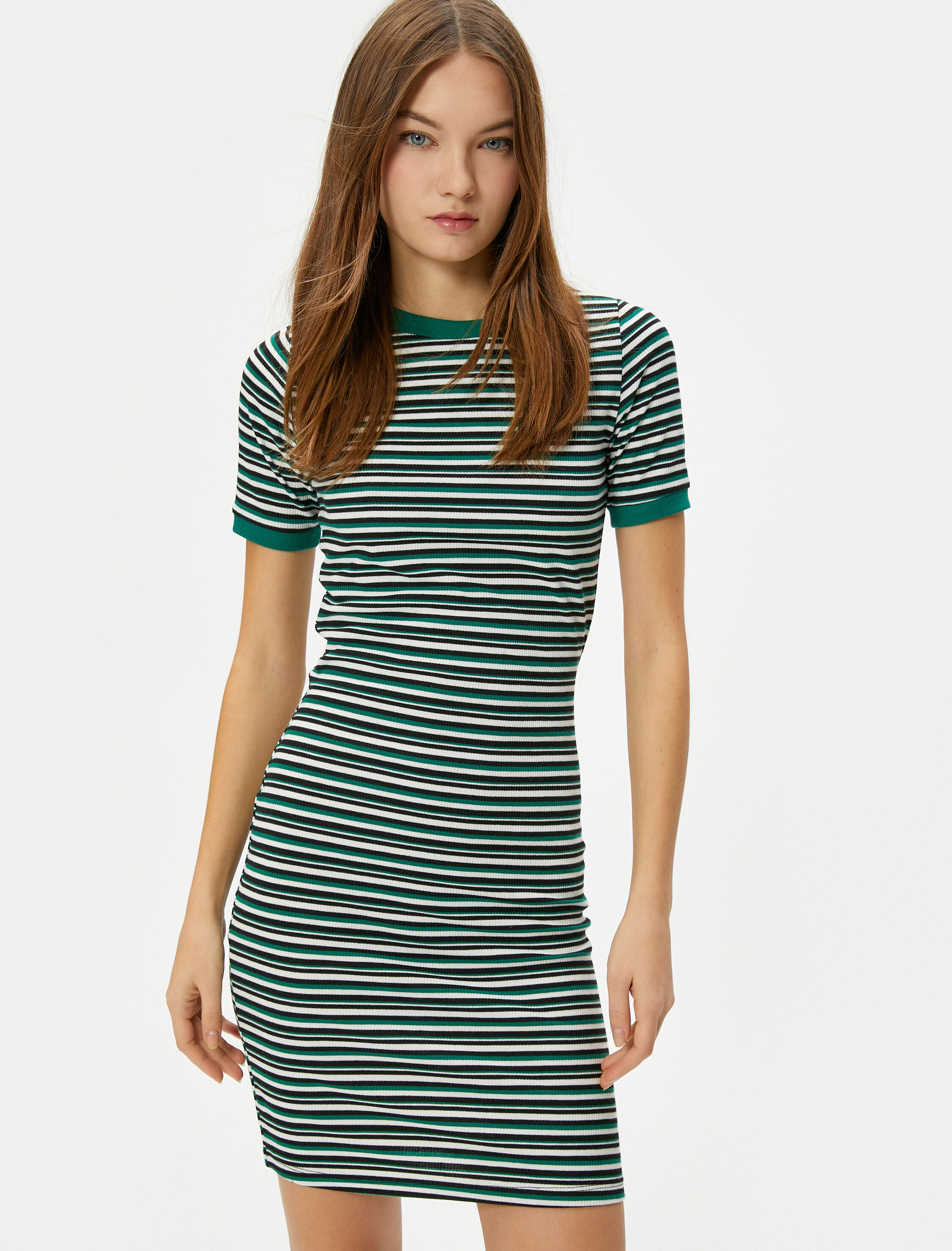   Mini Kalem Elbise Kısa Kollu Bisiklet Yaka Ribanalı