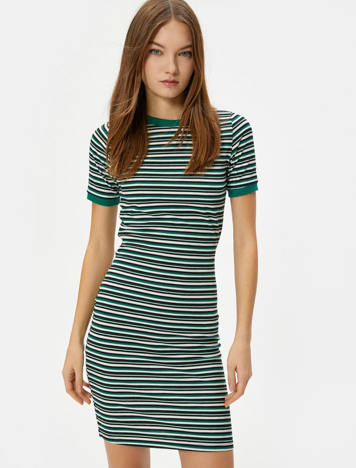  Mini Kalem Elbise Kısa Kollu Bisiklet Yaka Ribanalı