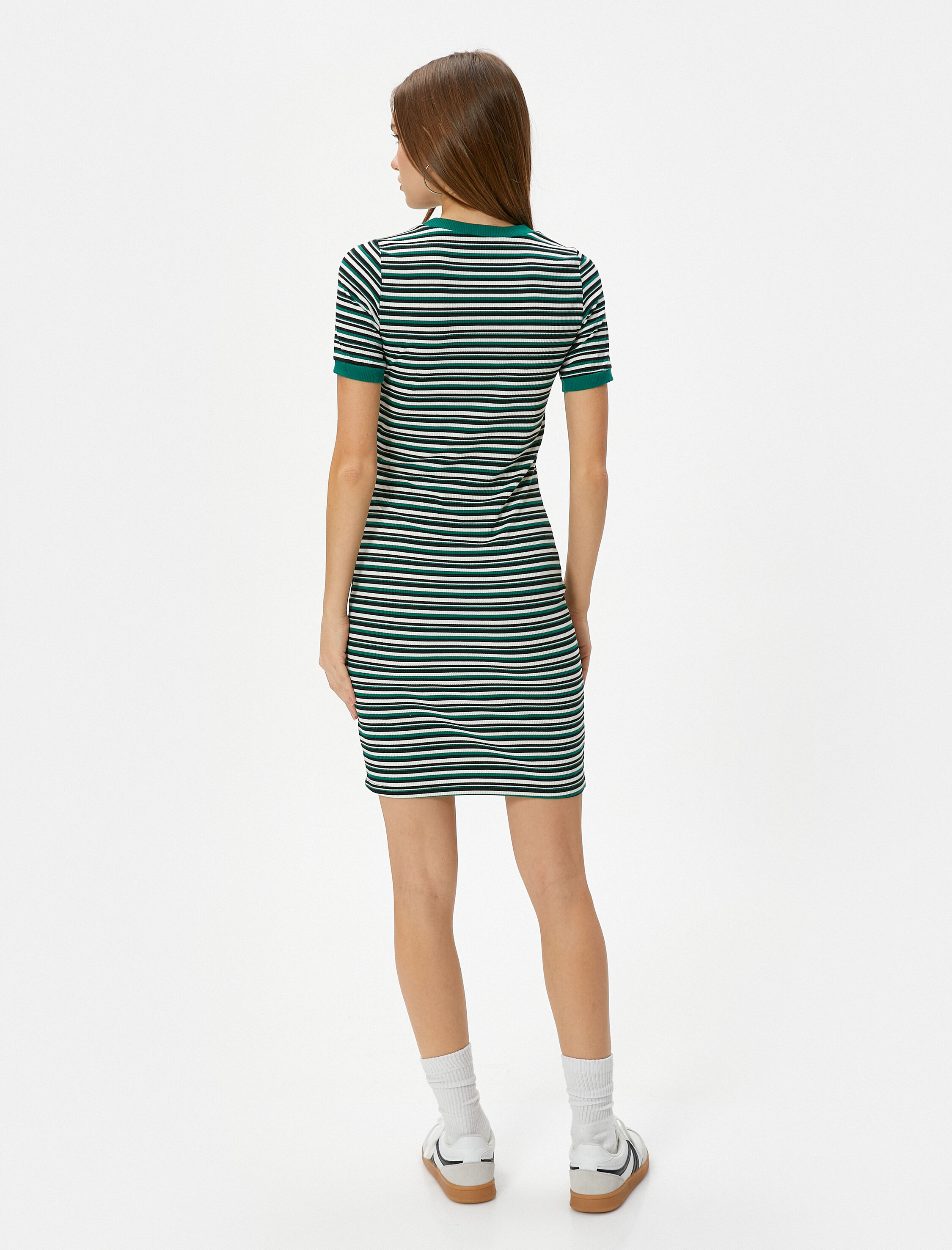   Mini Kalem Elbise Kısa Kollu Bisiklet Yaka Ribanalı