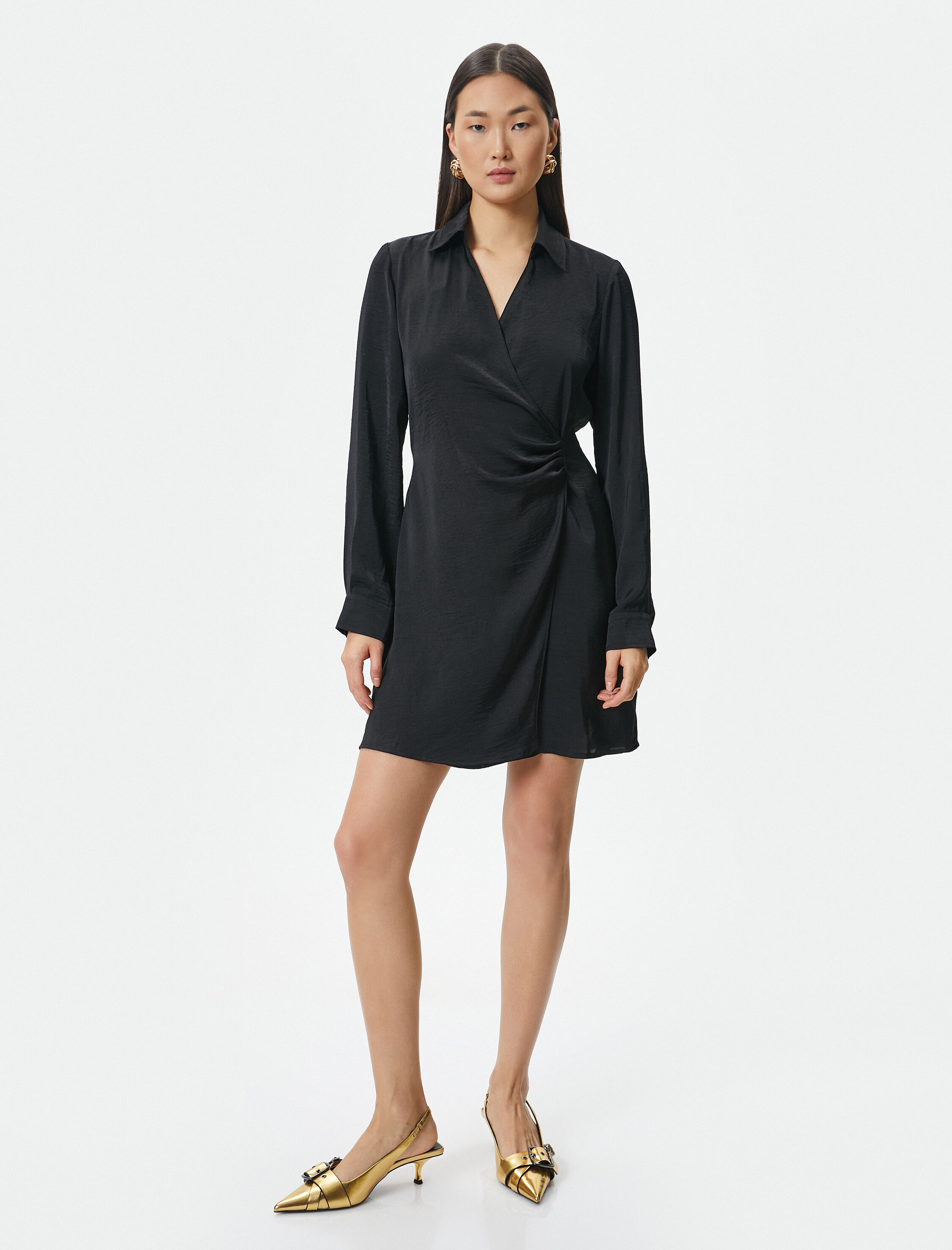   Mini Gömlek Elbise Dokulu Drapeli Uzun Kollu