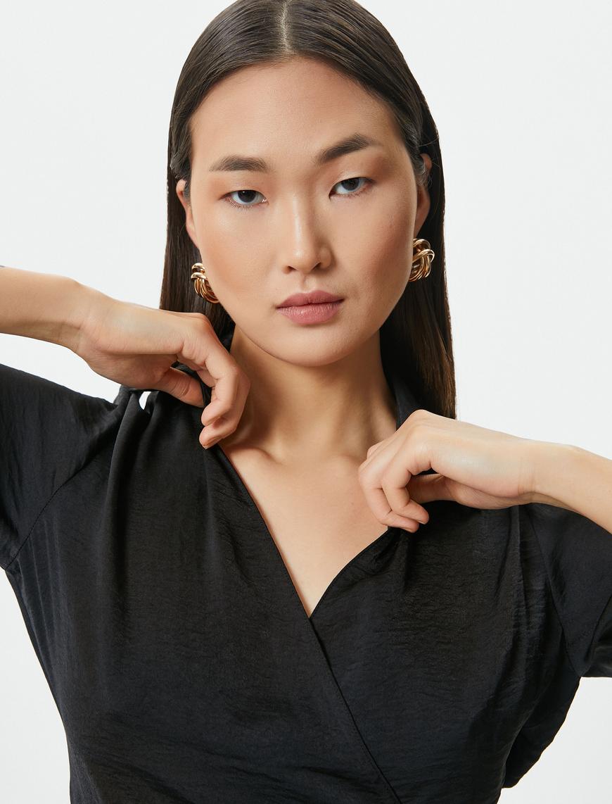   Mini Gömlek Elbise Dokulu Drapeli Uzun Kollu