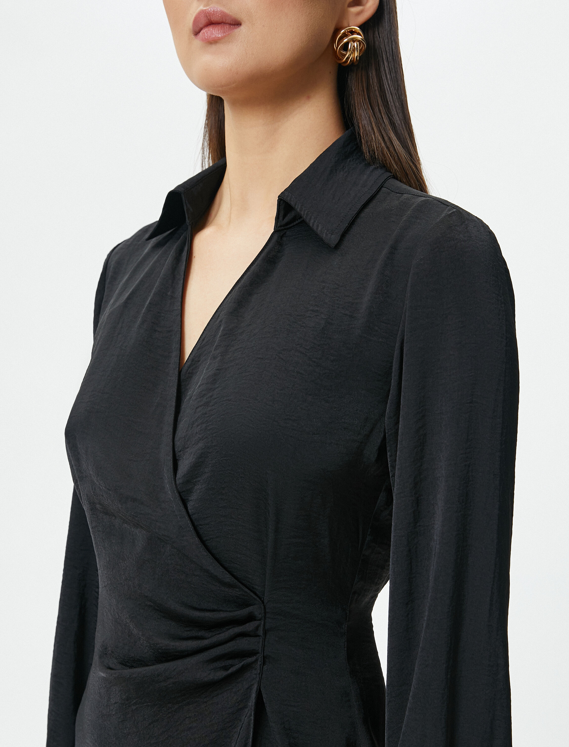   Mini Gömlek Elbise Dokulu Drapeli Uzun Kollu