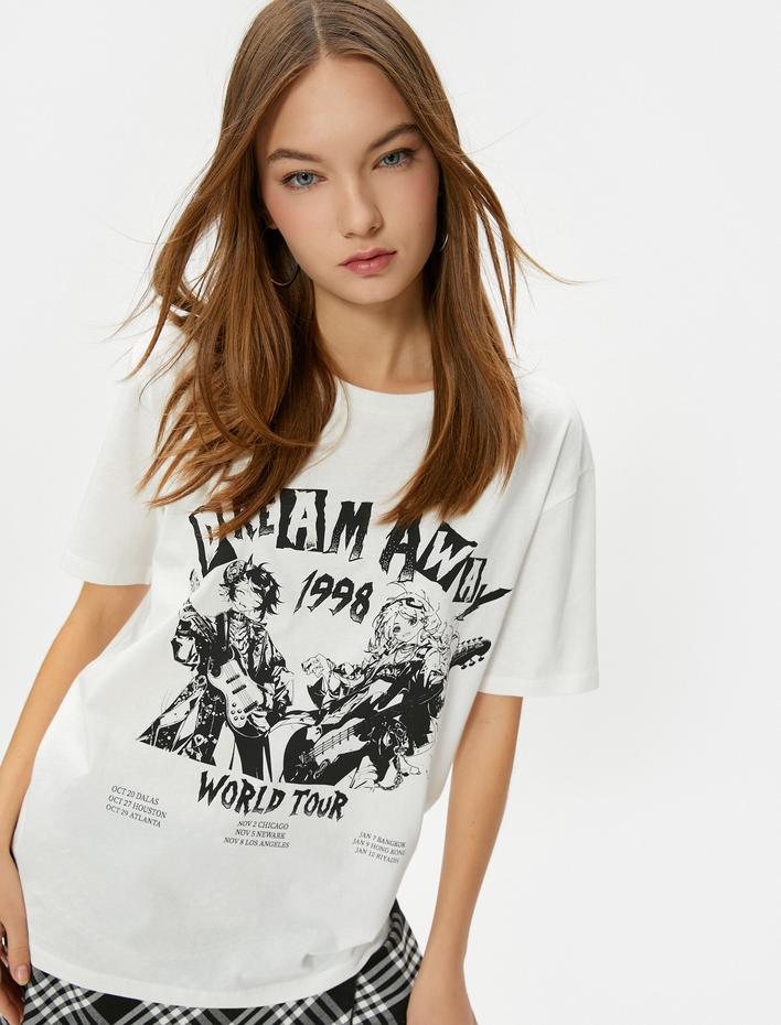  Anime Tişört Müzik Temalı Rahat Kalıp Pamuklu Kısa Kollu Bisiklet Yaka