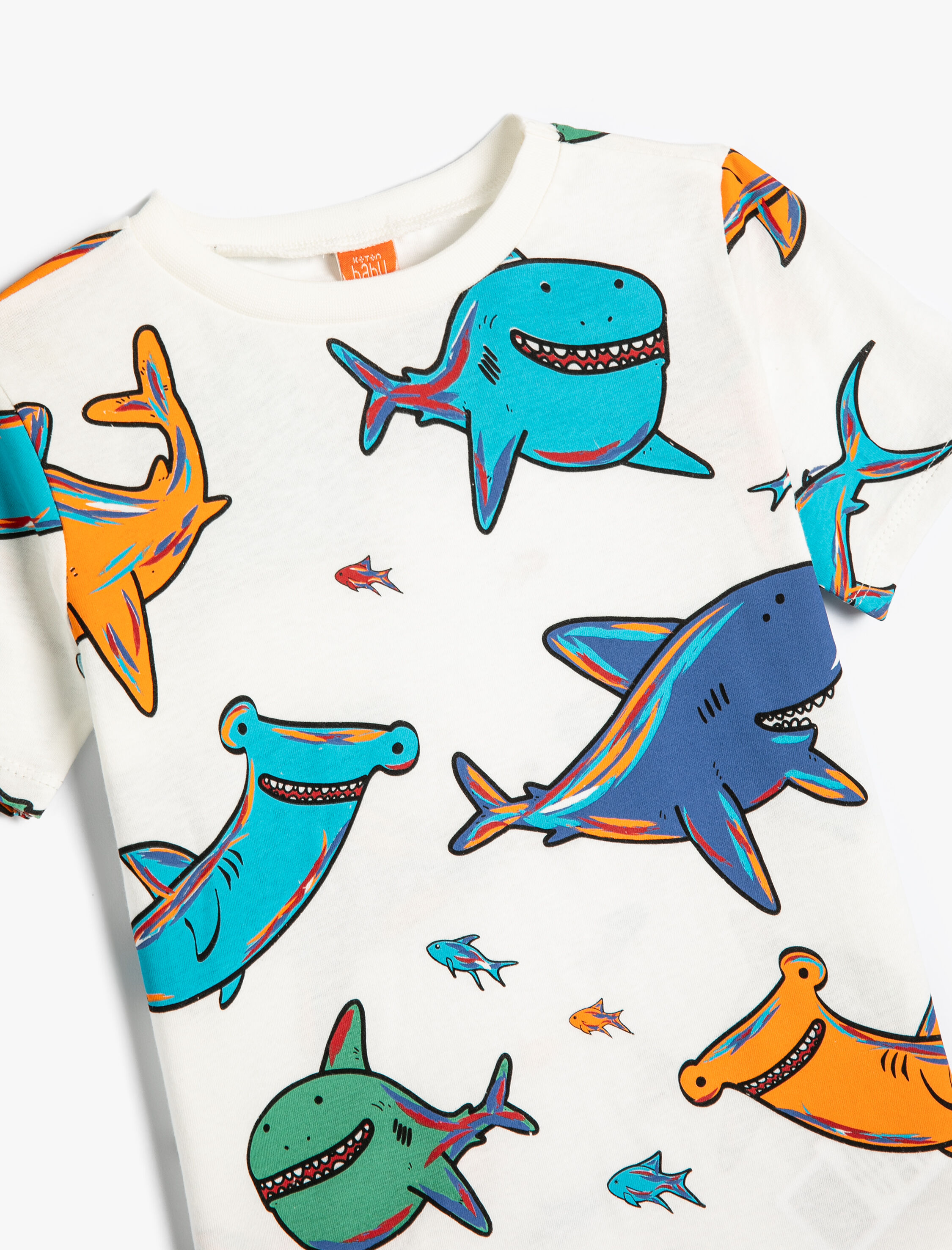 Erkek Bebek Tişört Köpek Balığı Baskılı Kısa Kollu Pamuklu