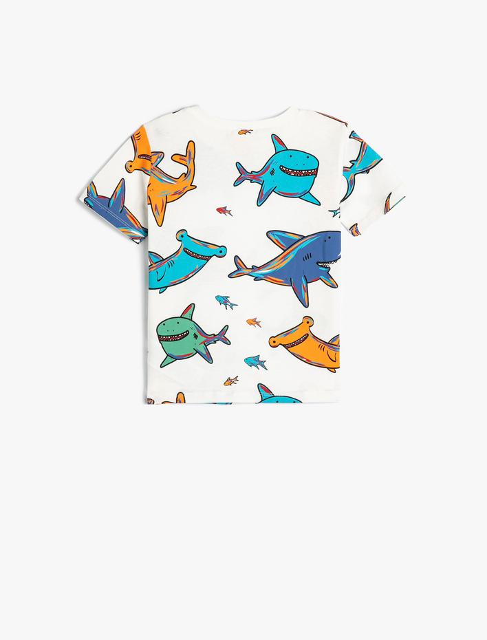 Erkek Bebek Tişört Köpek Balığı Baskılı Kısa Kollu Pamuklu