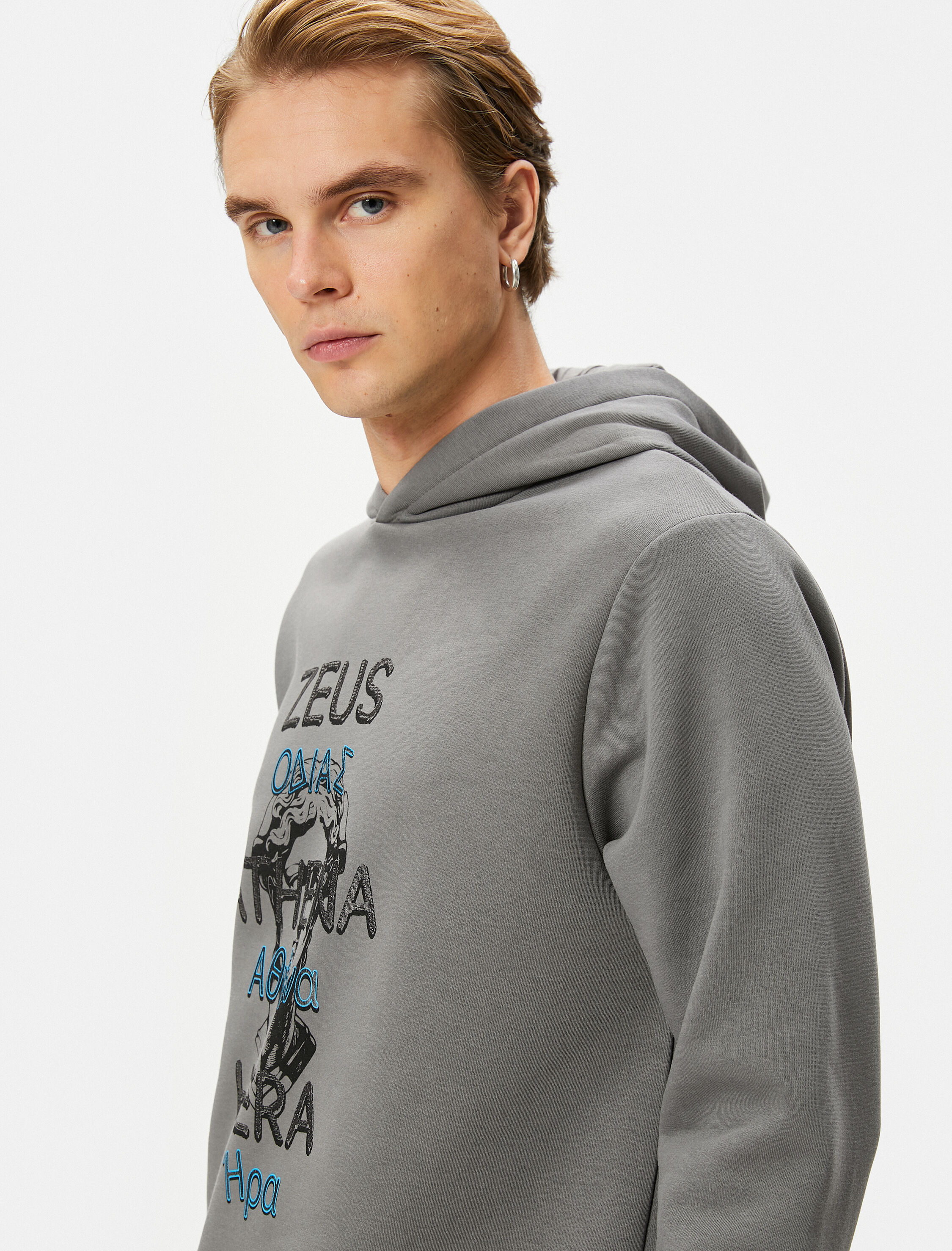   Kapşonlu Sweatshirt Mitoloji Temalı Baskılı Ribanalı Uzun Kollu Şardonlu